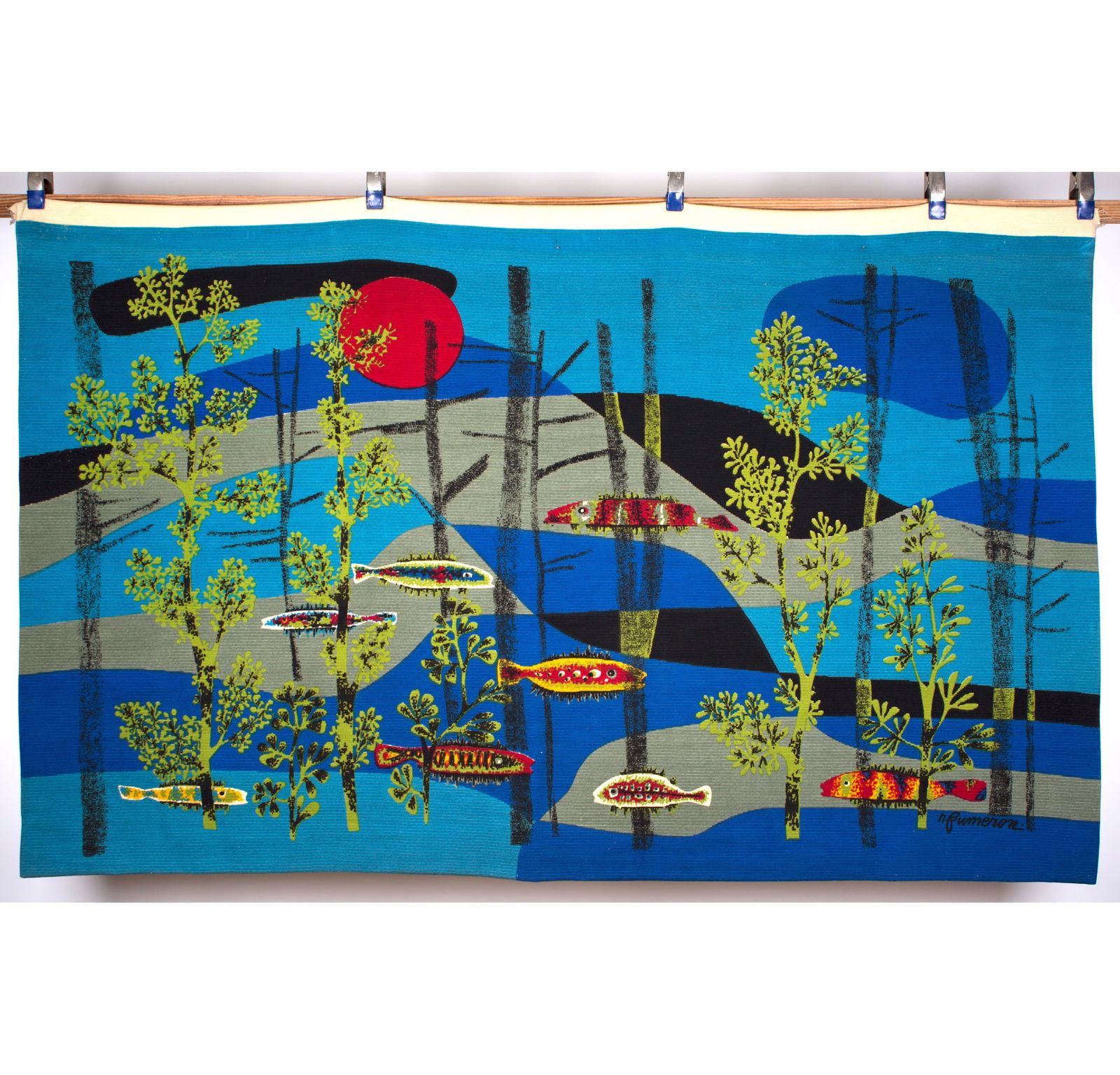 Fumeron tapestry blue Calypso wool fabric Robert Four signed - 2