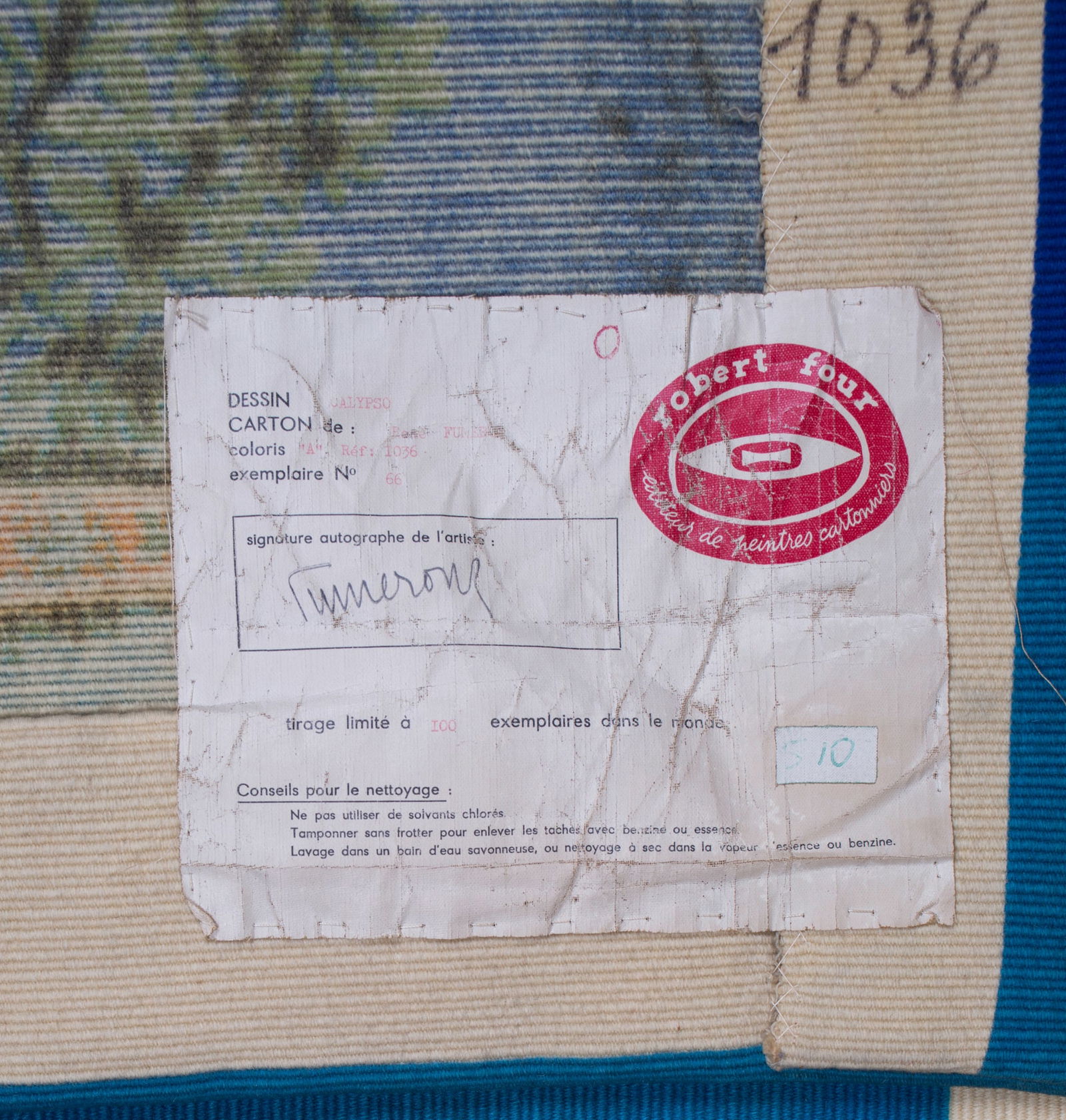 Fumeron tapestry blue Calypso wool fabric Robert Four signed - 3