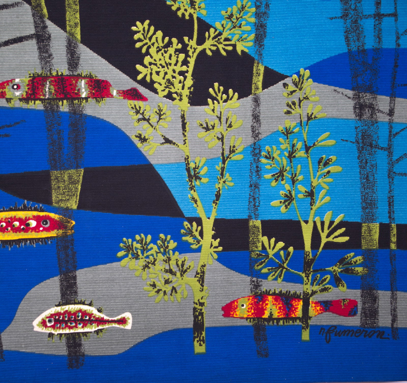 Fumeron tapestry blue Calypso wool fabric Robert Four signed - 4