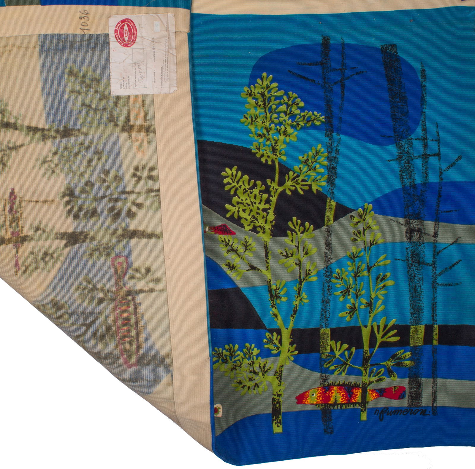 Fumeron tapestry blue Calypso wool fabric Robert Four signed - 5