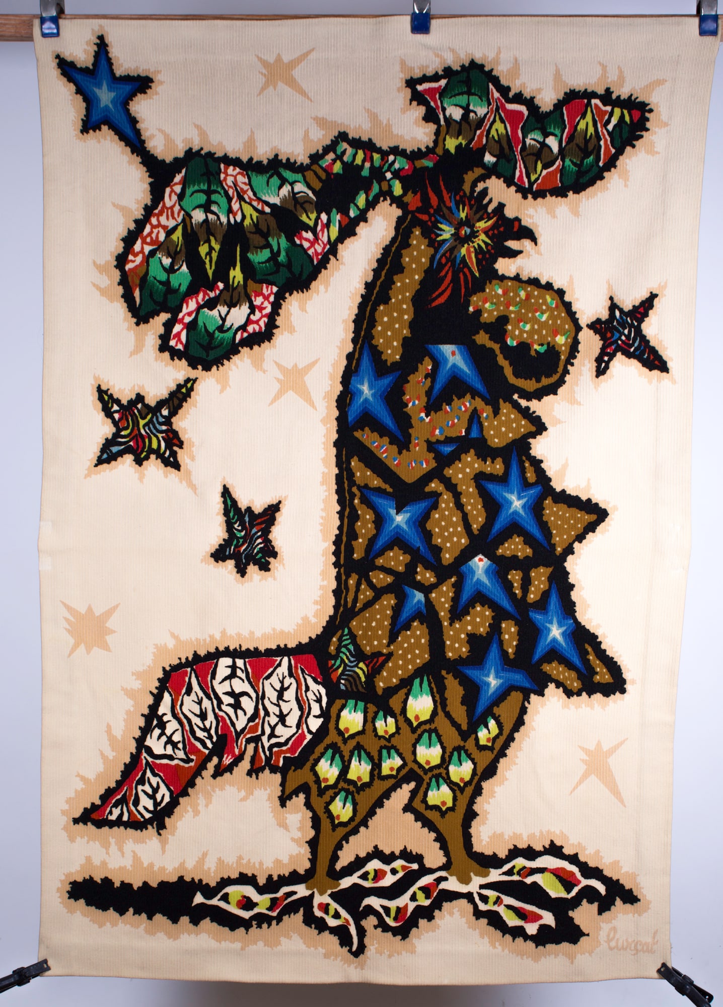 FRENCH hand silkscreen tapestry JEAN Lurcat COROT "le tapageur": Title: FRENCH hand silkscreen tapestry JEAN Lurcat COROT "le tapageur" Description: Made in France in the 1950 this silkscreen tapestry reflect the democratic desire of that time to produce affordable