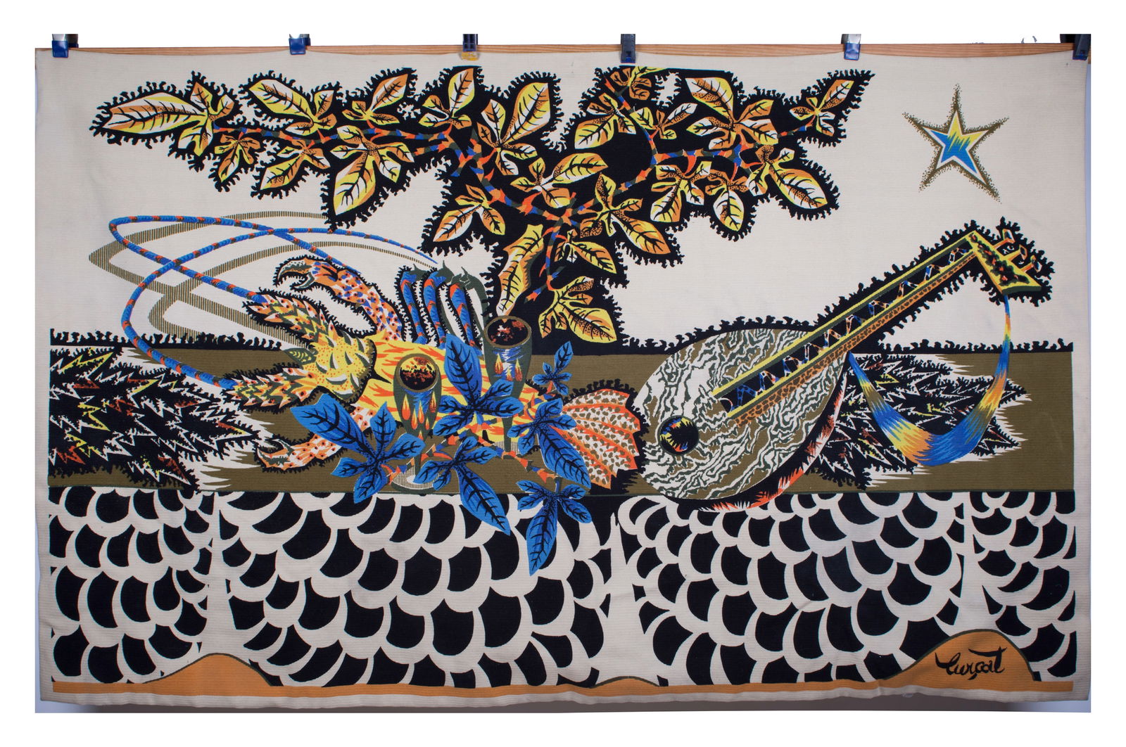 FRENCH silkscreen TAPESTRY JEAN Lurcat MODERNIST AUBUSSON La Table# 2: Title: FRENCH silkscreen TAPESTRY JEAN Lurcat MODERNIST AUBUSSON La Table# 2 Description: Made in France in the 1950 this cotton tapestry reflect the democratic desire of that time to produce