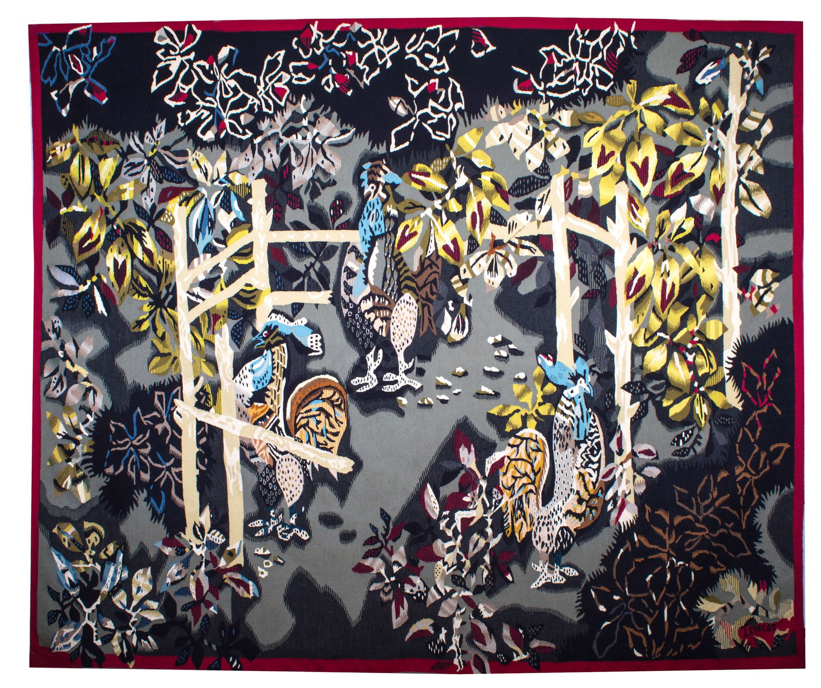Aubusson Jean Lurcat hand weaved Jardin des coqs Tabard 1939: Title: Aubusson Jean Lurcat hand weaved Jardin des coqs Tabard 1939 Description: Jean LURCAT (1892-1966) for carton and ATELIER TABARD lissier in AUBUSSON. "jardin des coqs ", tapestry, signed, monogr