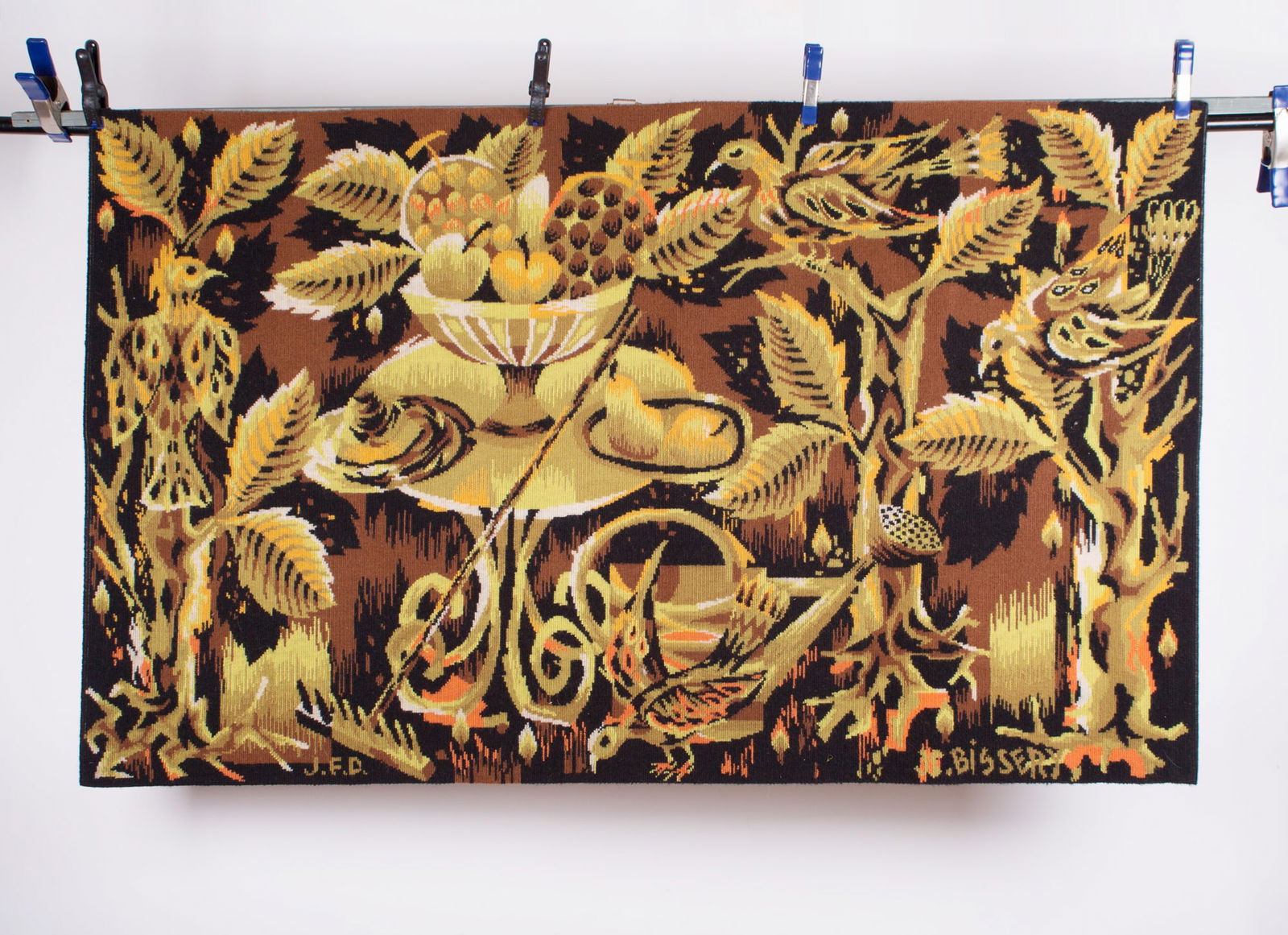 Jean Claude Bissery mid century Autumn wool tapestry on a jacquard metier: Title: Jean Claude Bissery mid century Autumn wool tapestry on a jacquard metier Description: JC BISSERY, editor JEdition French Center for Carpets and tapestries mecanical point, hand signed by the a