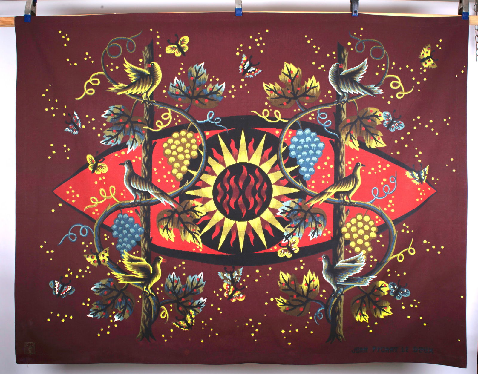 FRENCH TAPESTRY JEAN PICART LEDOUX MODERNIST AUBUSSON: Title: FRENCH TAPESTRY JEAN PICART LEDOUX MODERNIST AUBUSSON Description: Made in France in the 1950 this cotton tapestry reflect the democratic desire of that time to produce affordable art . Neo fan