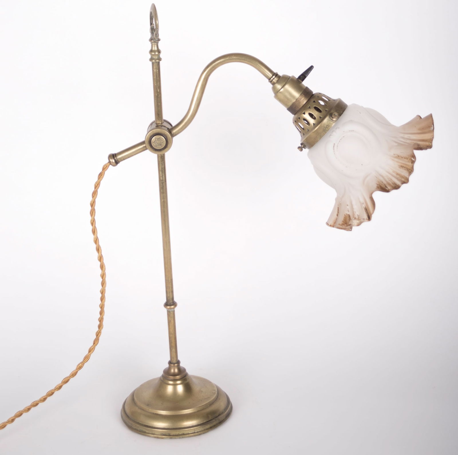 Brass FRENCH ART DECO Desk lamp Monix: Title: Brass FRENCH ART DECO Desk lamp Monix Description: Made in France in the late 1920's early 1930's this desk lamp is fitted with an an unsigned Schneider globe .The metal mounting is a Monix