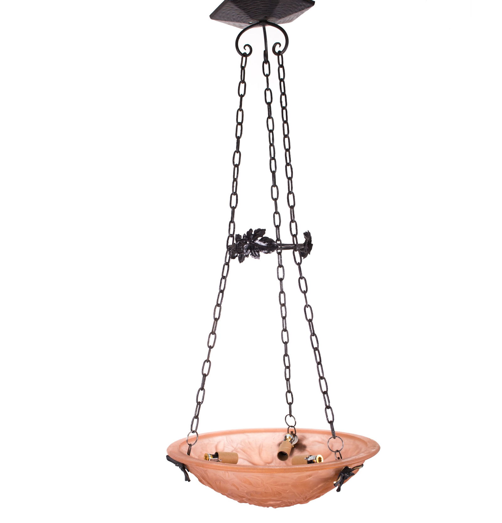 FRENCH ART DECO CHANDELIER GLASS MULLER poppy flower motive salmon - 2