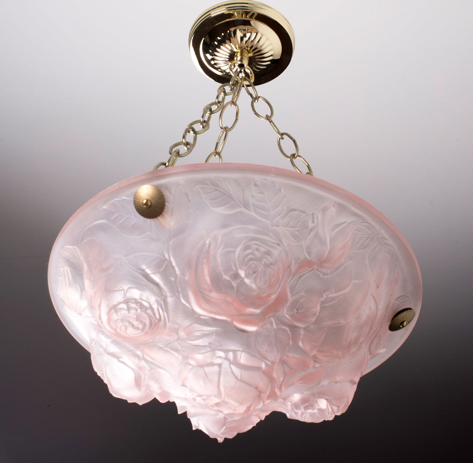 FRENCH ART DECO CHANDELIER GLASS MULLER Rose flower motive pink: Title: FRENCH ART DECO CHANDELIER GLASS MULLER Rose flower motive pink Description: This chandelier, crafted in France during the late 1920s to early 1930s, is an unsigned piece by the Muller