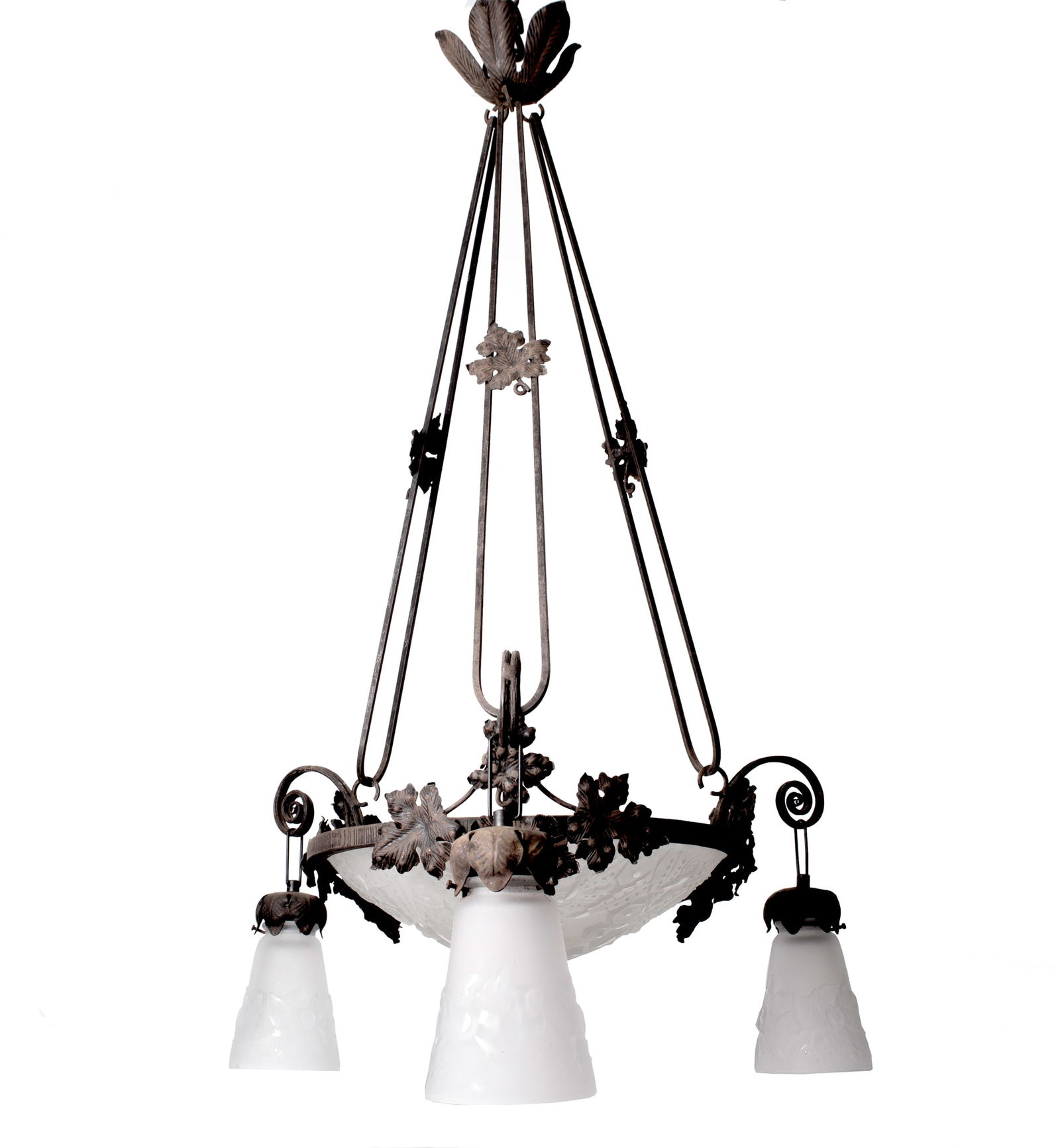 FRENCH ART DECO CHANDELIER GLASS MULLER Cubist brown metal (1 of 6)