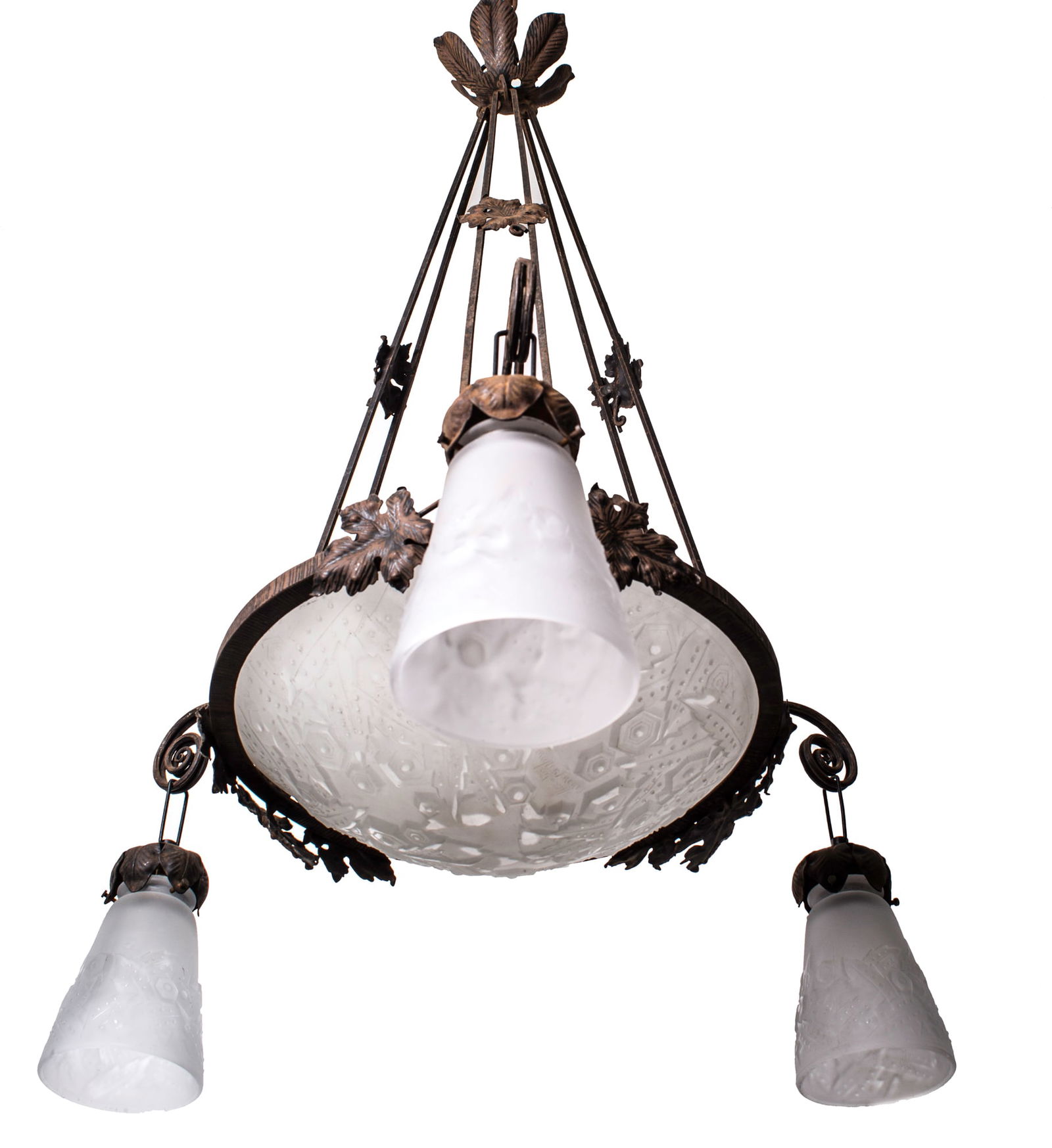 FRENCH ART DECO CHANDELIER GLASS MULLER Cubist brown metal - 2