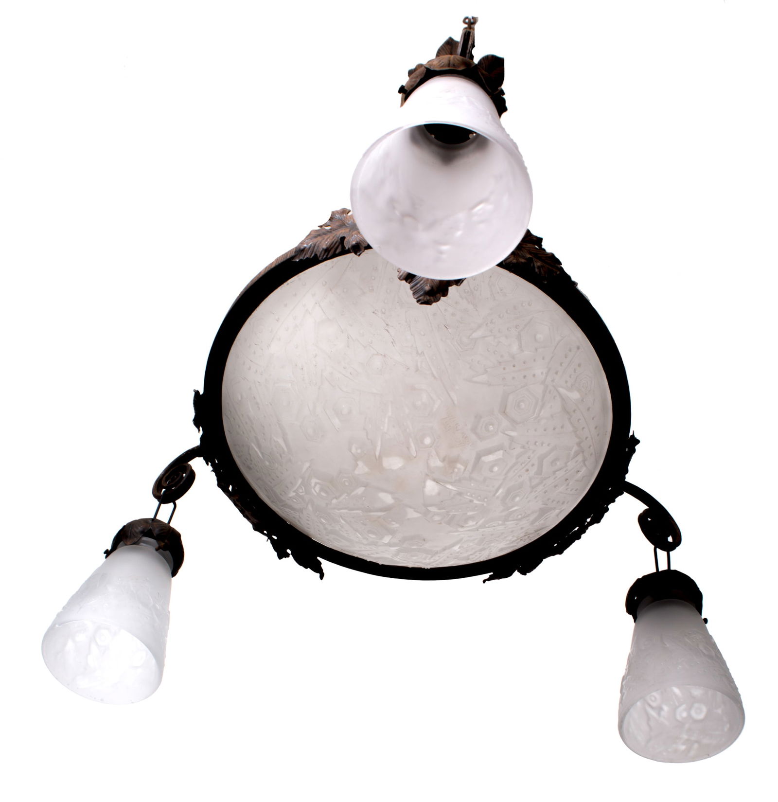 FRENCH ART DECO CHANDELIER GLASS MULLER Cubist brown metal - 3