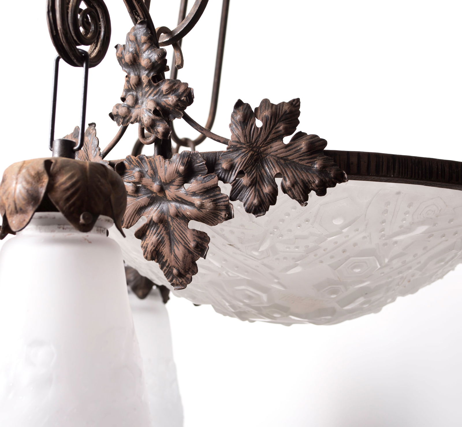 FRENCH ART DECO CHANDELIER GLASS MULLER Cubist brown metal - 4