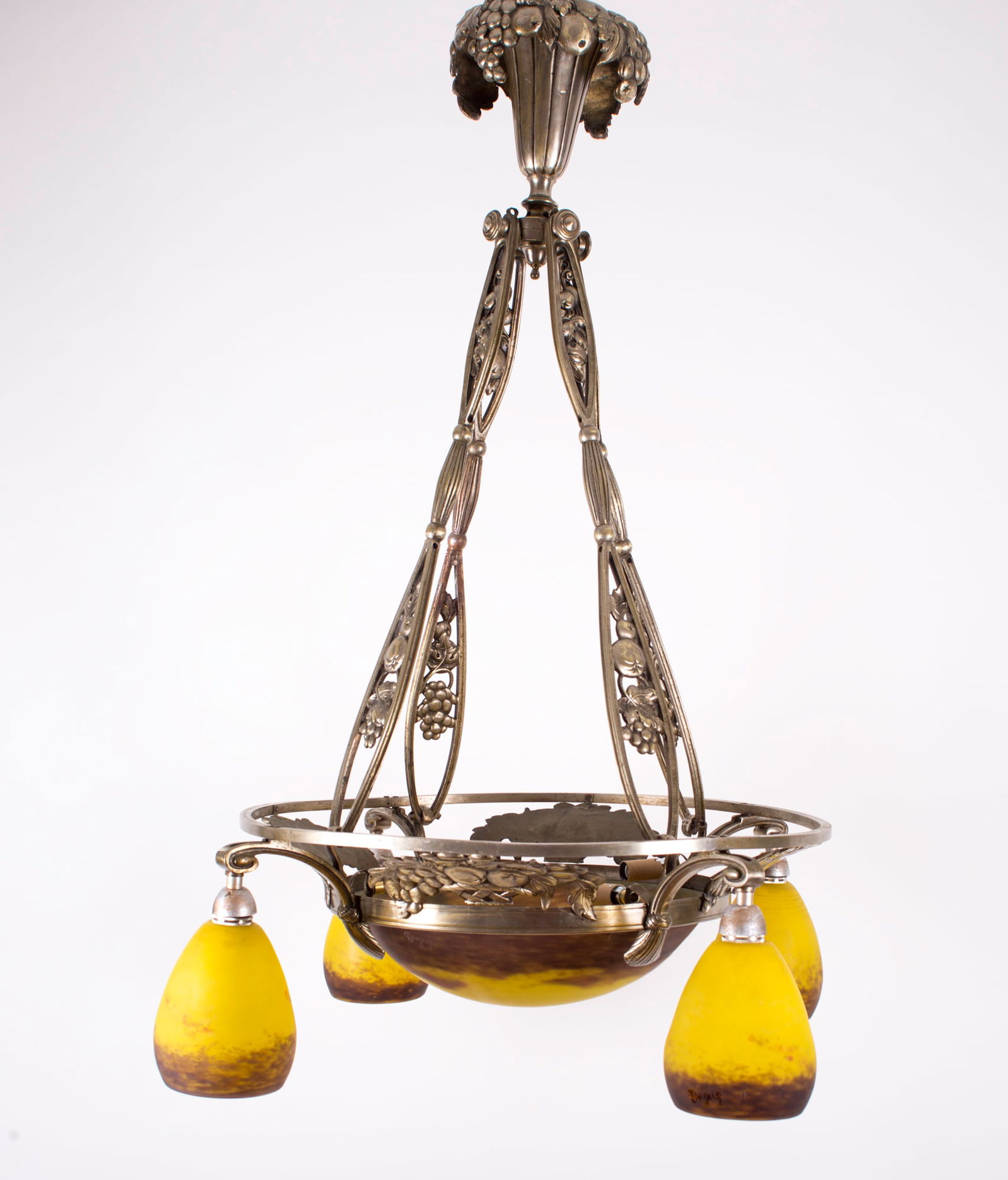 FRENCH Art-Deco Chandelier 4 lights Degue David Guéron brass frame - 3