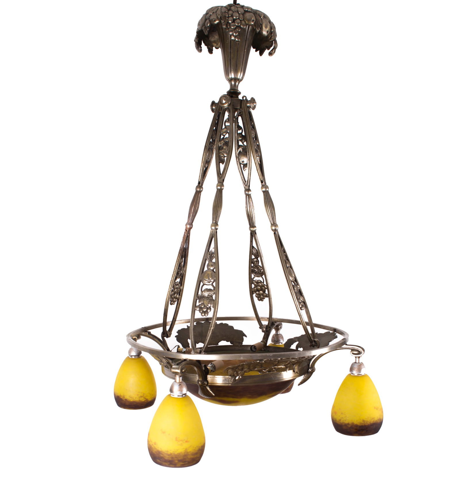 FRENCH Art-Deco Chandelier 4 lights Degue David Guéron brass frame - 6