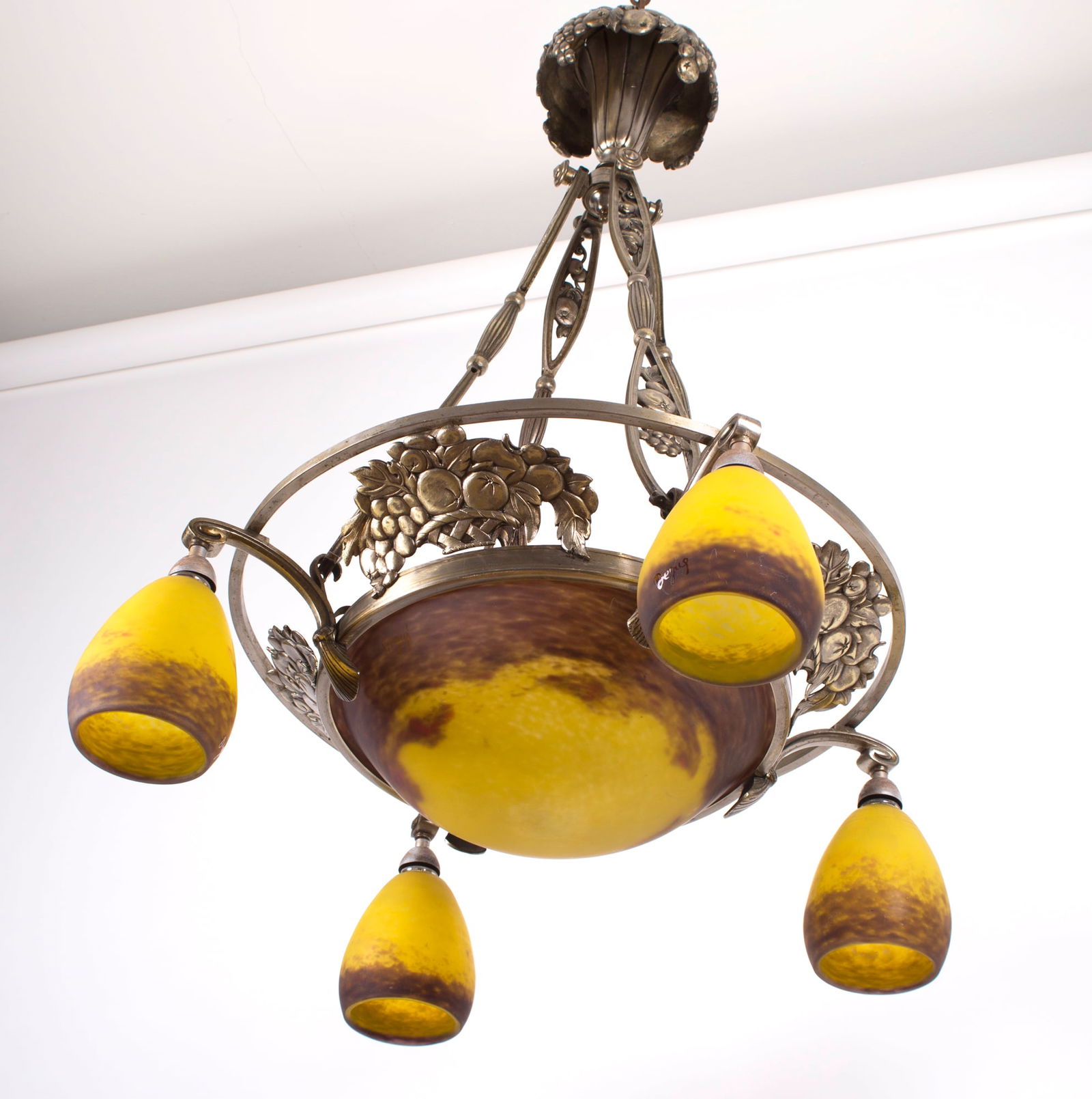 FRENCH Art-Deco Chandelier 4 lights Degue David Guéron brass frame - 9