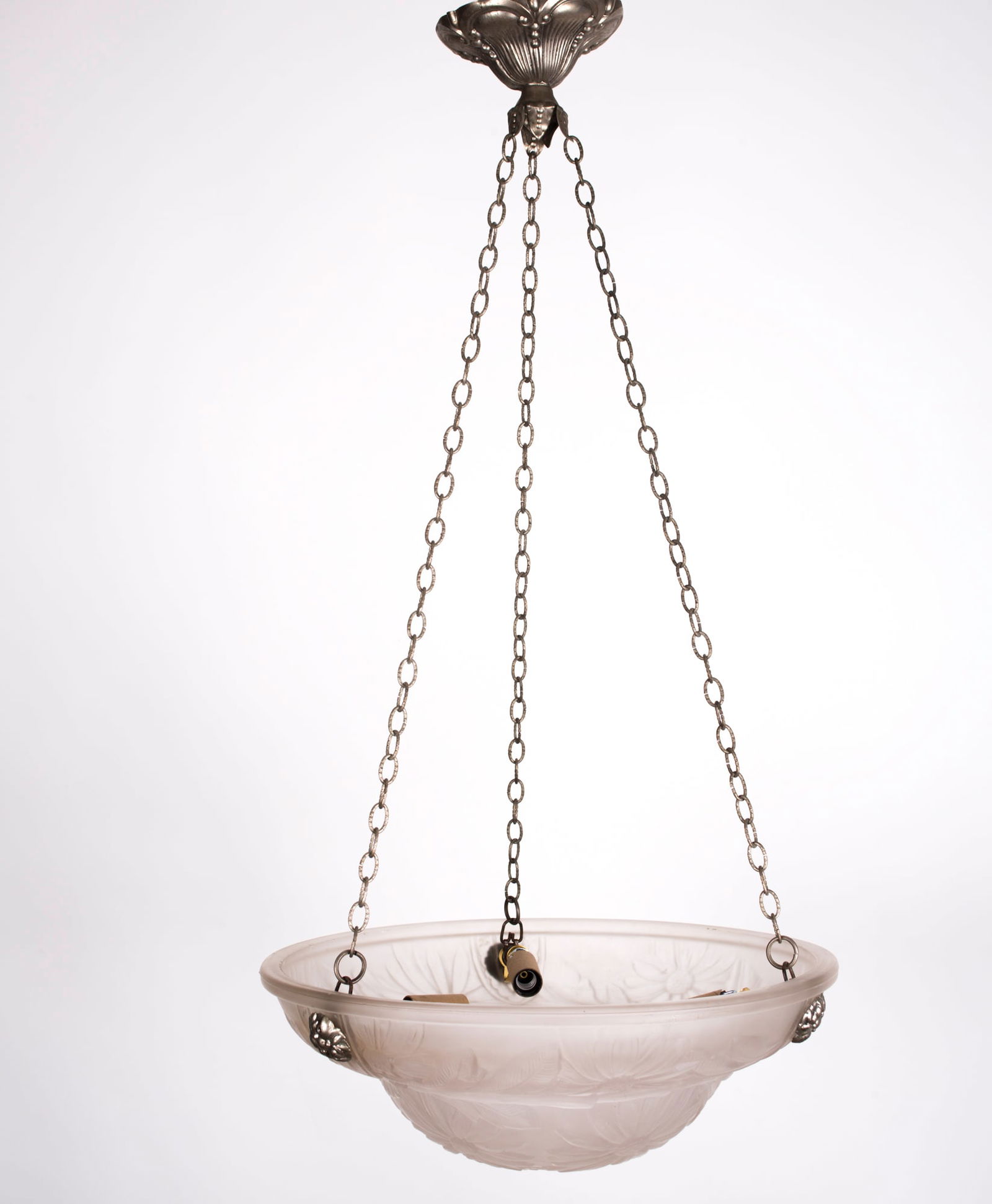 FRENCH ART DECO CHANDELIER white GLASS VERDUN daisy motive - 4