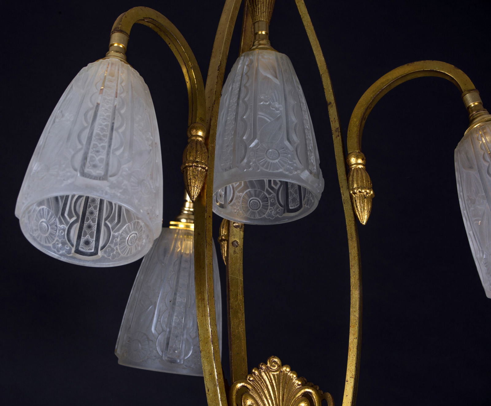 FRENCH Art-Deco Chandelier Muller gold leafed pressed glass - 4