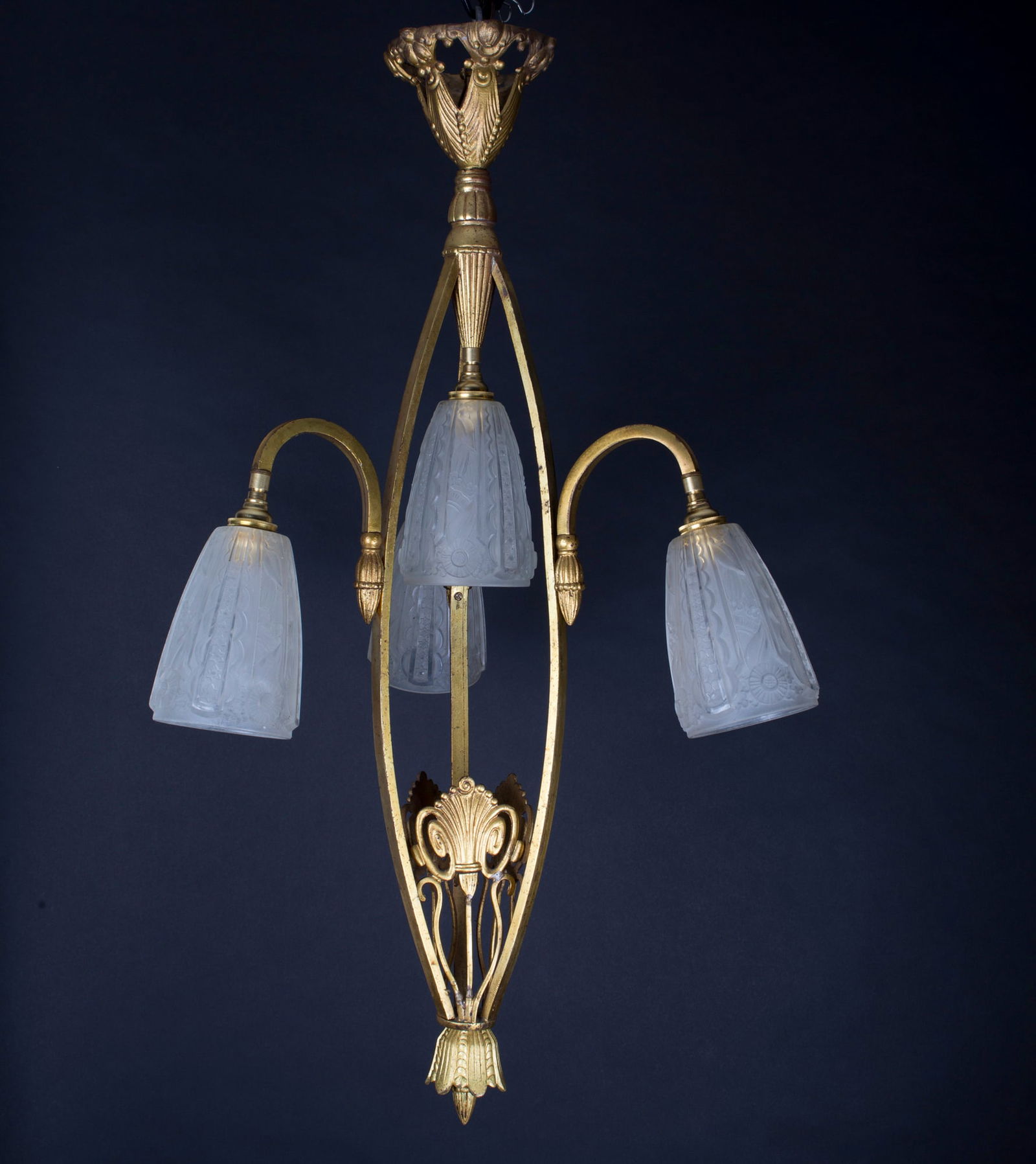 FRENCH Art-Deco Chandelier Muller gold leafed pressed glass - 5