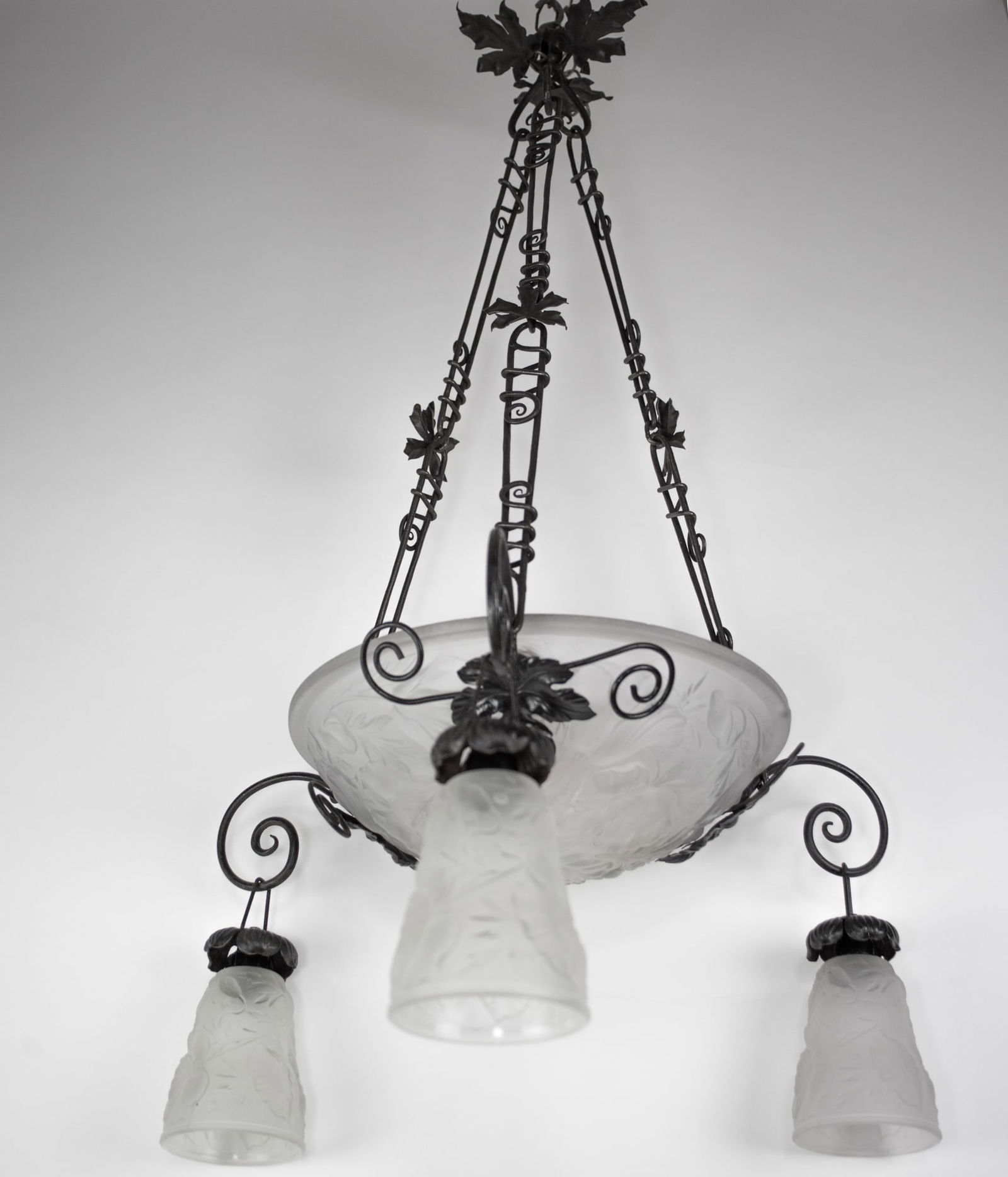 FRENCH ART DECO CHANDELIER MOLDED Molded GLASS CUBIST MULLER Poppy Motive - 2