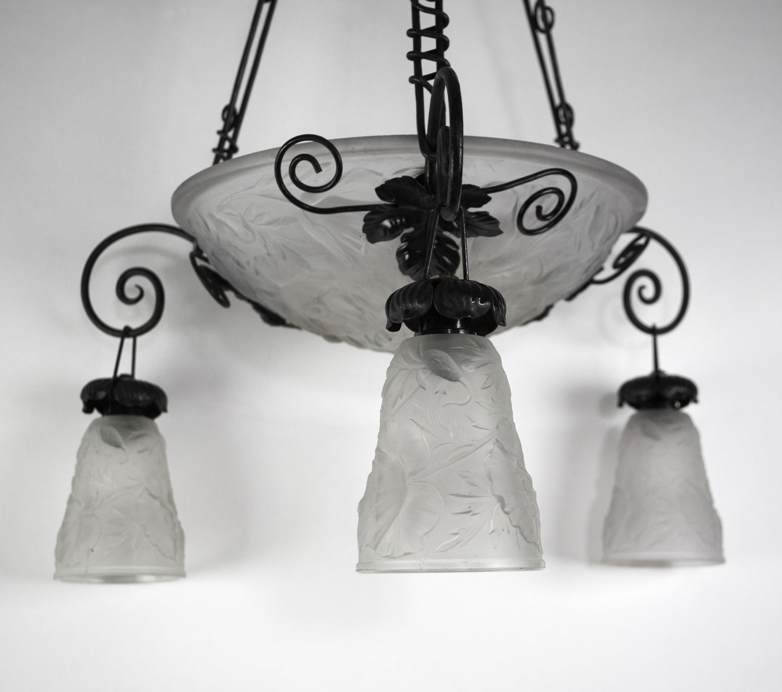 FRENCH ART DECO CHANDELIER MOLDED Molded GLASS CUBIST MULLER Poppy Motive - 8