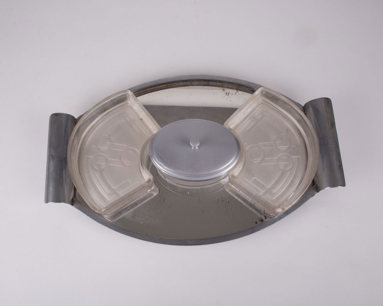French art deco Metal serving Tray with Glass compartments: Title: French art deco Metal serving Tray with Glass compartments Description: French Art deco serving tray , the mirror has some oxidation but in over all good usuable condition . circa 1920 . H.2 X