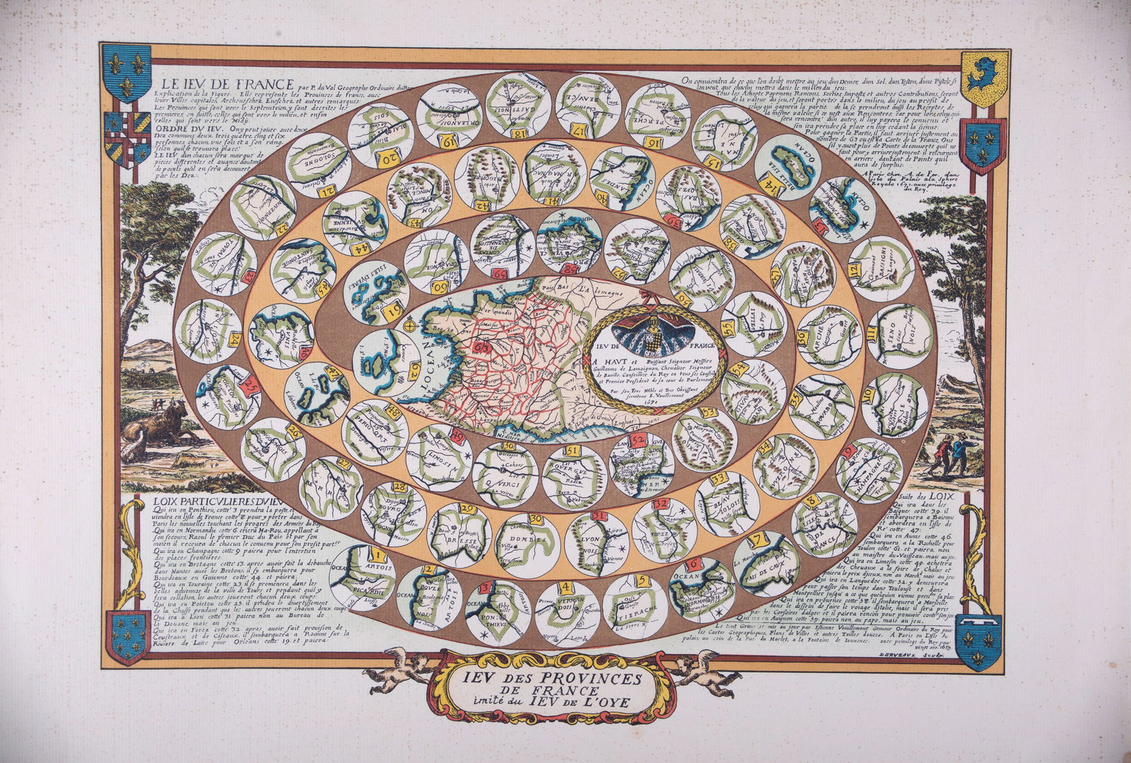 French Jeu de L'oie/ Goose game dated 1691 19th reprint: Title: French Jeu de L'oie/ Goose game dated 1691 19th reprint Description: The Game of the Goose or Goose game is a board game where two or more players move pieces around a track by rolling one or