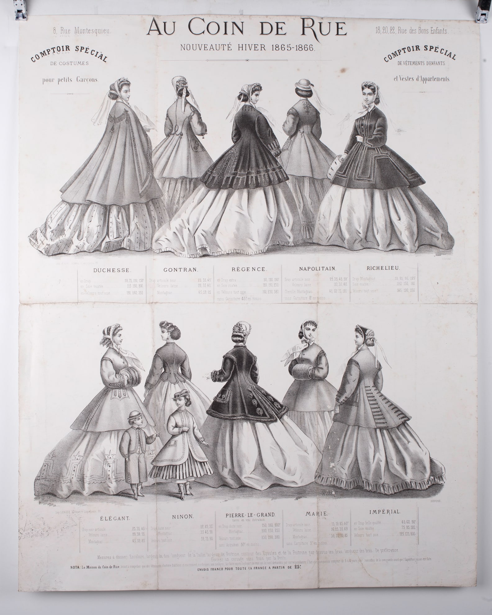 Poster 19th french lithogravure of fashion advertisement 1865 early magazine: Title: Poster 19th french lithogravure of fashion advertisement 1865 early magazine Description: Lithograph, avertisement catalogue of the 1865 fashion in France , which was at the time the cultural c