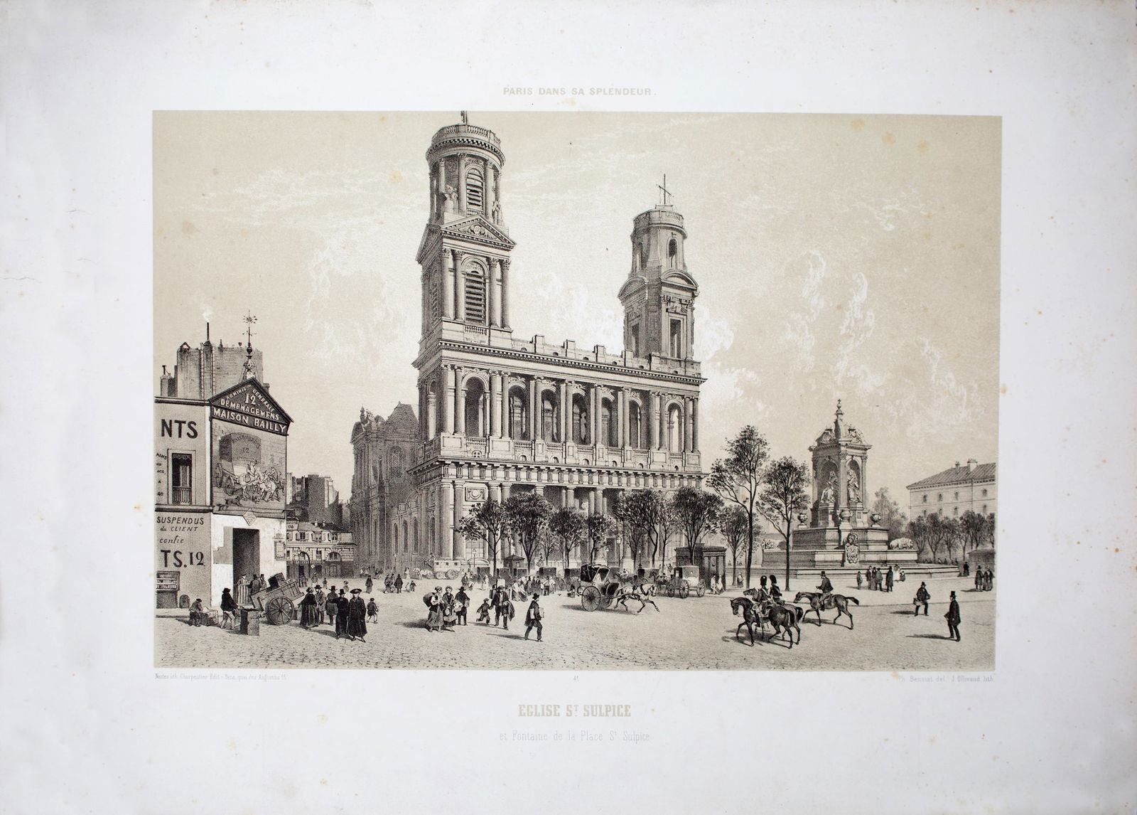 19th french lithogravure with demi tinte Paris Saint Sulpice church: Title: 19th french lithogravure with demi tinte Paris Saint Sulpice church Description: Lithograph, from the Book Paris dans sa Splendeur, Paris, Henri Charpentier, 1857 , this book is a most