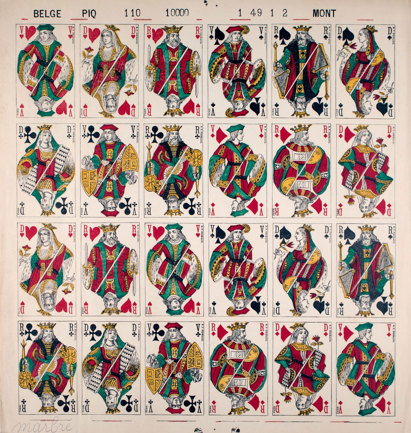 Uncut sheet playing card French suite Grimaud: Title: Uncut sheet playing card French suite Grimaud Description: French suite Grimaud without Joker . In France, the "fool " or joker officially appeared in card games in 1902, the Camoin houses as