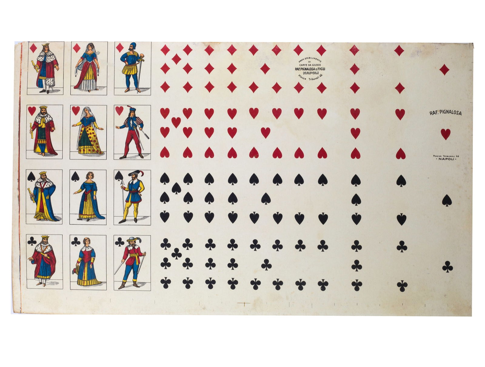 Uncut sheet playing card French suite PIGNALOSA NAPOLI full body: Title: Uncut sheet playing card French suite PIGNALOSA NAPOLI full body Description: French suite edited by Edoardo Pignalosa, Rampe Brancaccio 76, Napoli , The cards are French-suited, elongated and