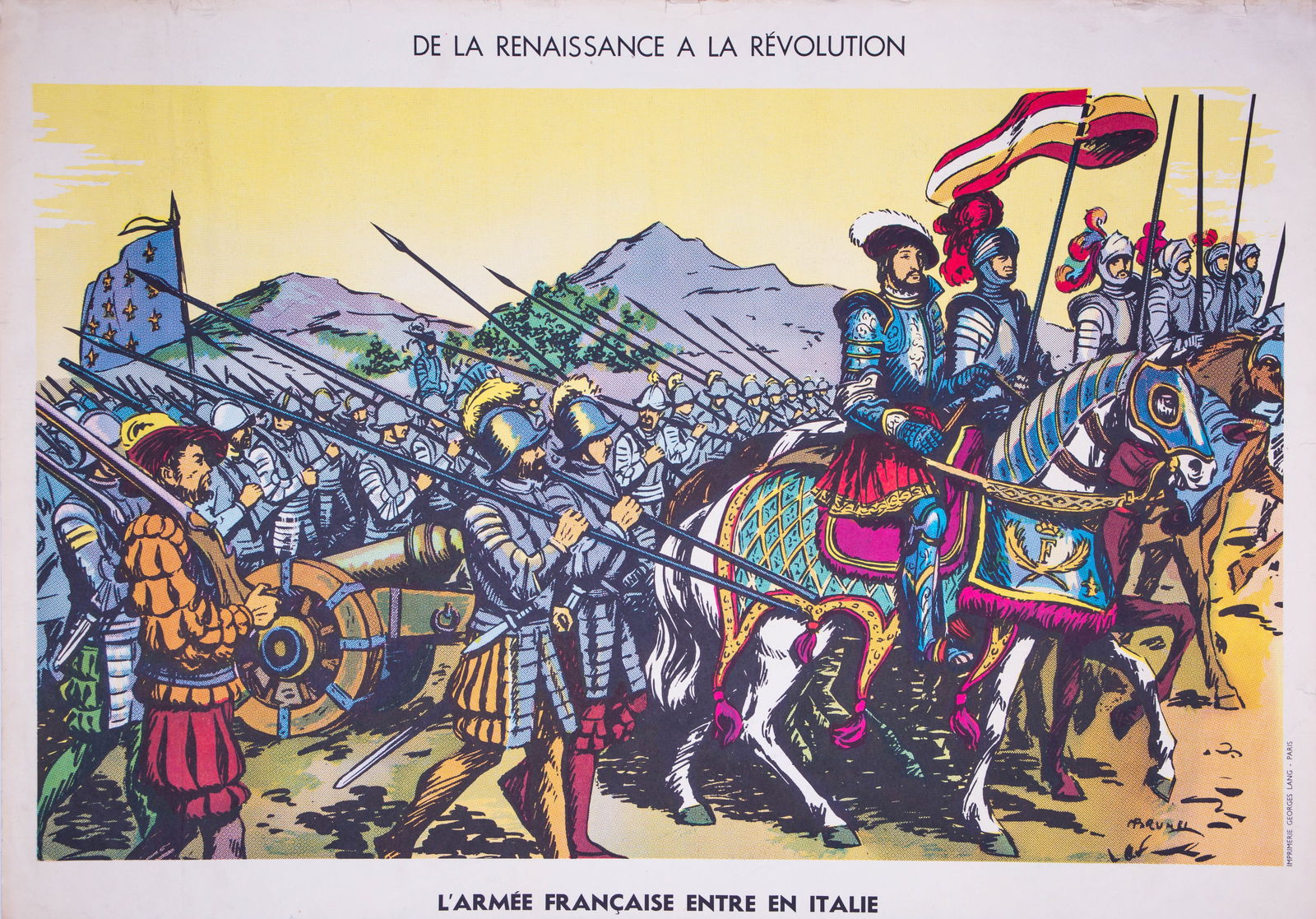 Vintage History FrenchSchool Poster, Georges Lang (No. 17 & 21) - Double-Sided: Title: Vintage History FrenchSchool Poster, Georges Lang (No. 17 & 21) - Double-Sided Description: Original educational history poster for elementary school, printed by the Imprimerie Georges Lang. Ca