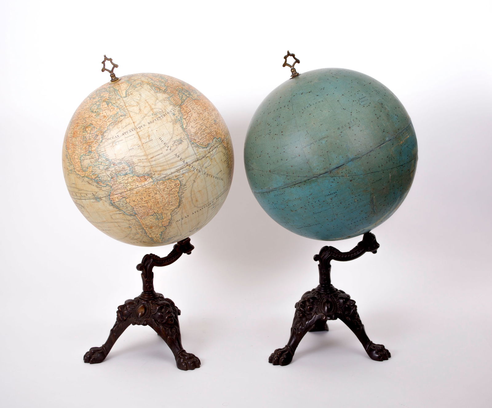 1880 LEBEGUE 14" Pair FRENCH TERRESTRIAL GLOBE with Celestial globe ANTIQUE: Title: 1880 LEBEGUE 14" Pair FRENCH TERRESTRIAL GLOBE with Celestial globe ANTIQUE Description: Lebegue pair of terrestrial globe and a clestial globe with cast iron base with face in the manner of