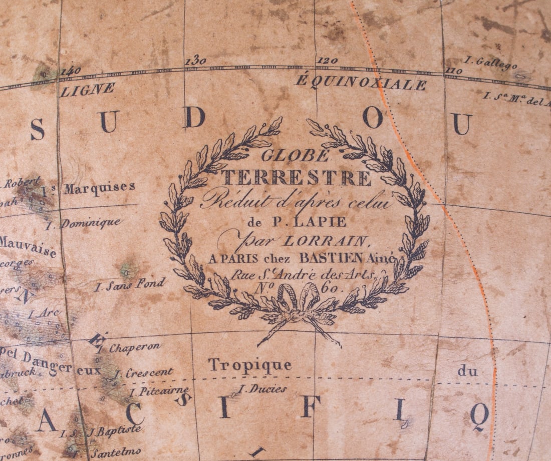 1820 French antique terrestrial globe 10" cooper engraving Lapie geograp - 7