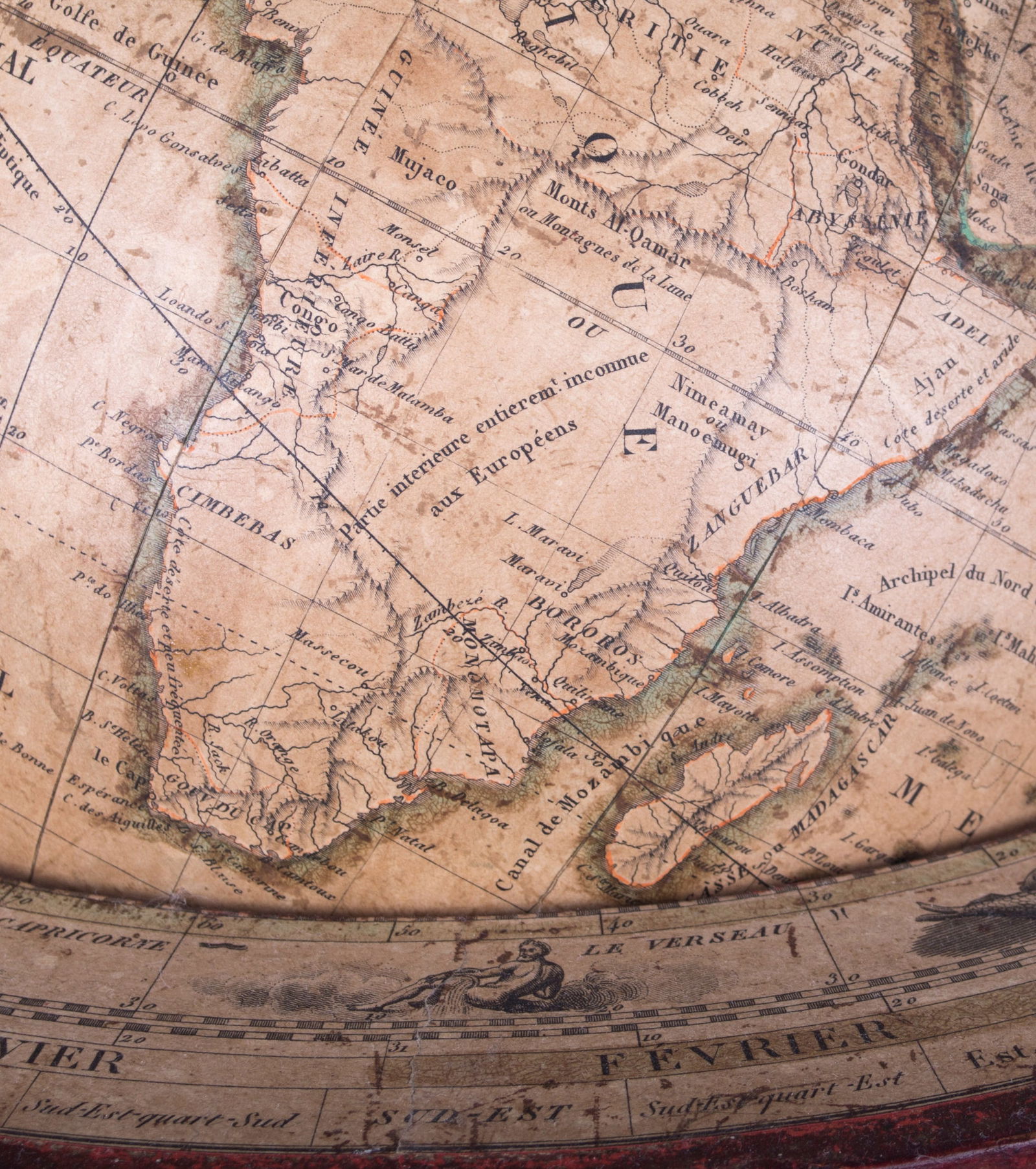 1820 French antique terrestrial globe 10" cooper engraving Lapie geograp - 9