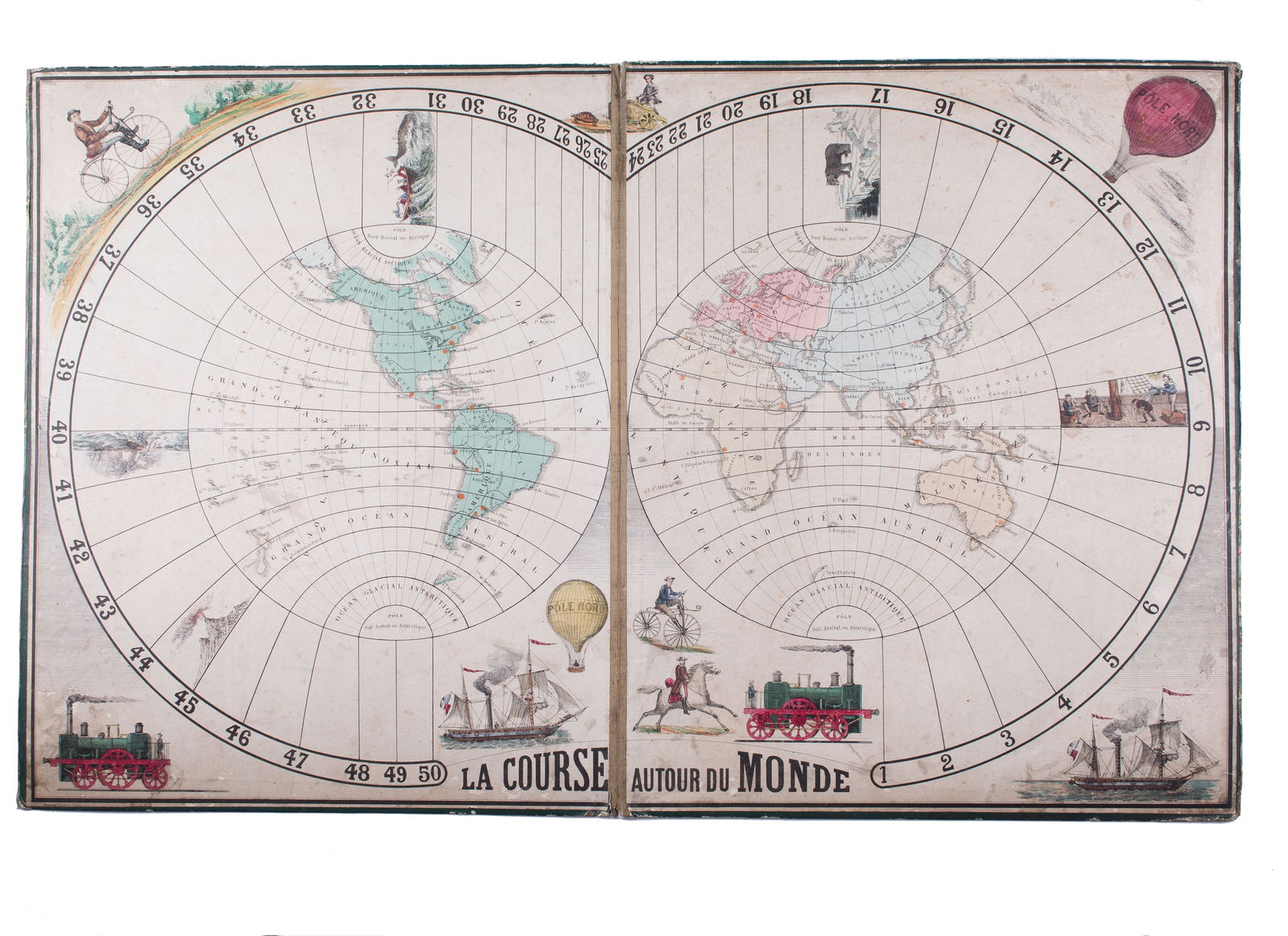 The Race Around the World, Coqueret, publisher, lithographs. H. Jannin, Paris," (1 of 6)