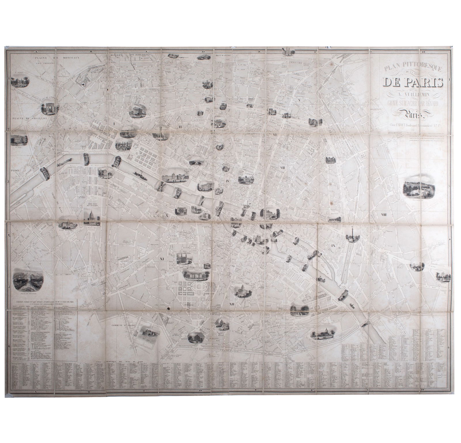 1840 LARGE FRENCH ANTIQUE MAP OF PARIS Fatout Vuillemin on linen backi: Title: 1840 LARGE FRENCH ANTIQUE MAP OF PARIS Fatout Vuillemin on linen backi Description: Plan pittoresque de la ville de Paris / dressé par A. Vuillemin ; gravé sur acier par Bénard,