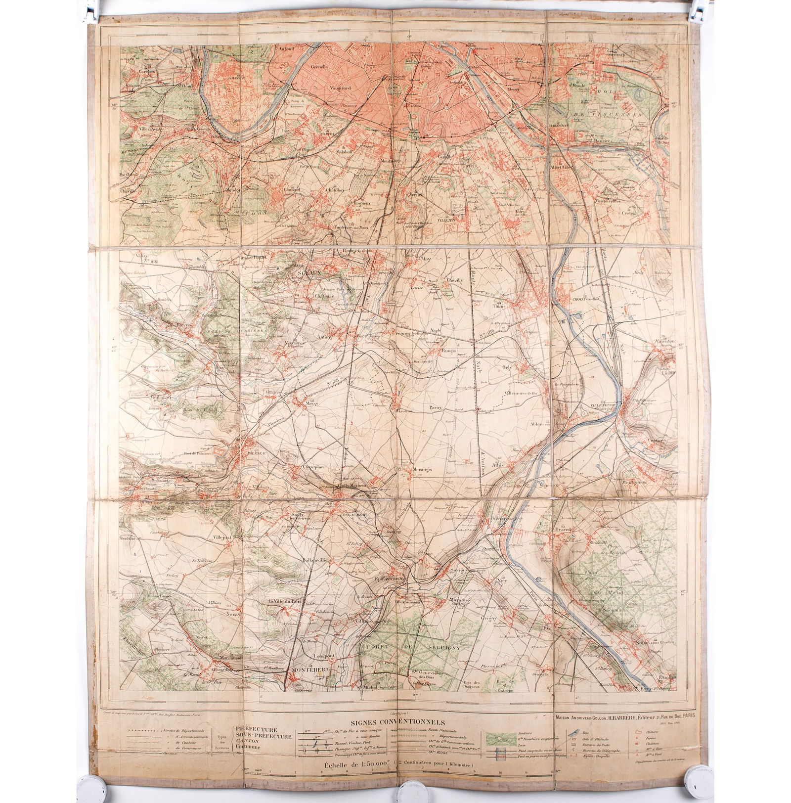 French map Andriveau Goujon Barere Environ de Paris South 1905 on linen: Title: French map Andriveau Goujon Barere Environ de Paris South 1905 on linen Description: French map of Paris circa 1905 edited by “Andriveau Goujon ” little is know about this publisher