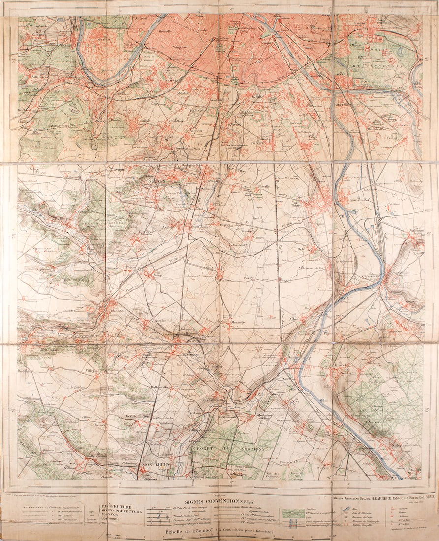 French map Andriveau Goujon Barere Environ de Paris South 1905 on linen - 2