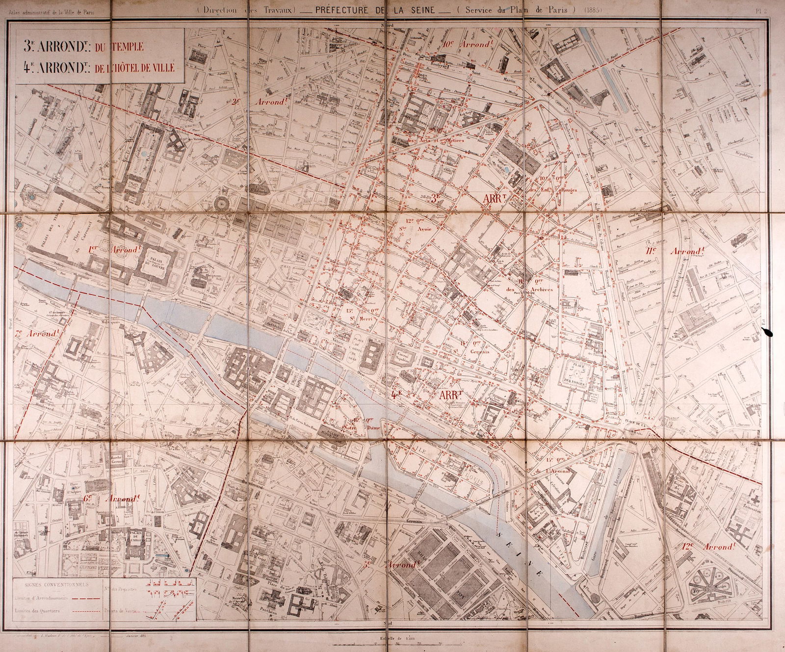 Paris detailed map of the 4 and 3 arrondissements 1885 Survey map - 2