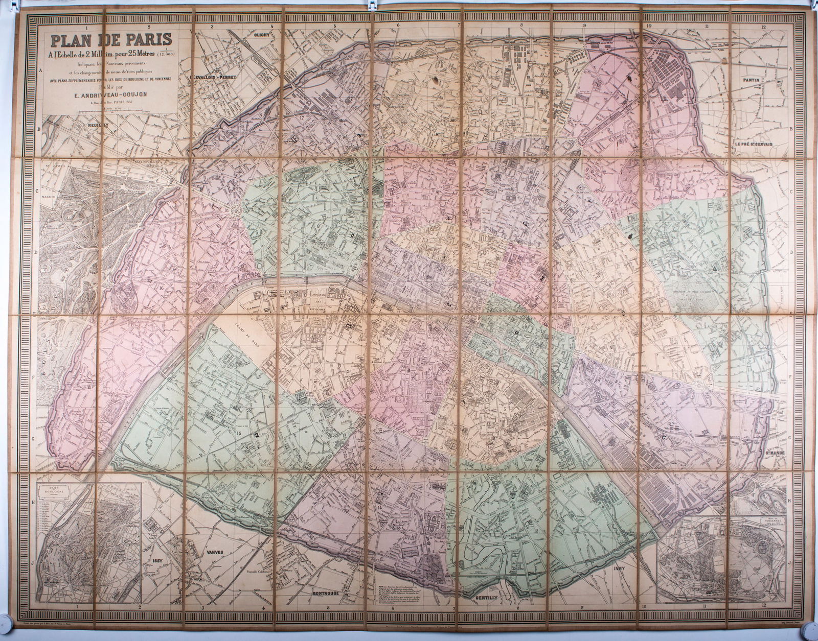 1882 Andriveau Goujon Folding Wall Map of Paris, France - 2