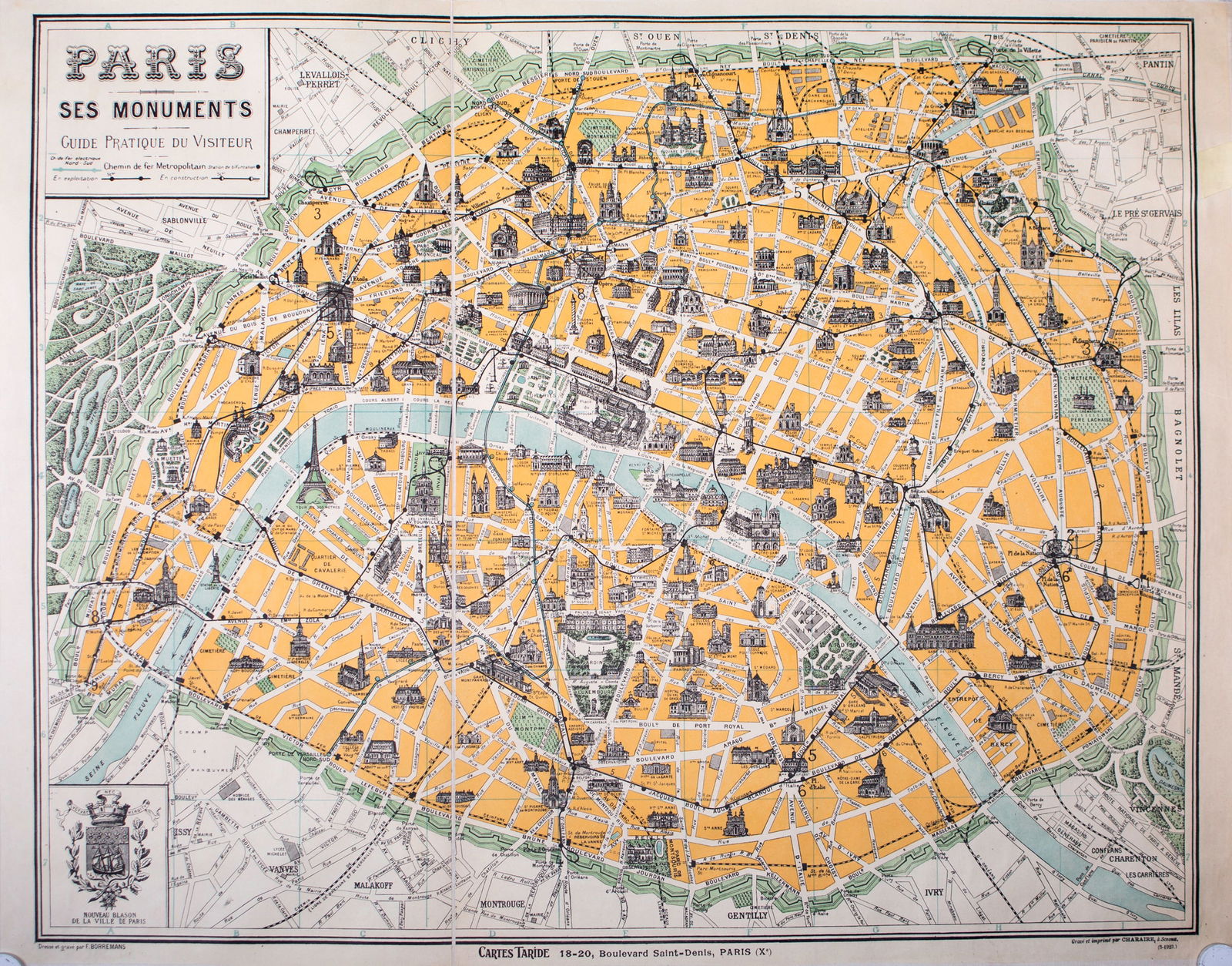 Paris monuments touristic map 1920 Taride linen backing: Title: Paris monuments touristic map 1920 Taride linen backing Description: Paris monument touristic map edited by Taride circa 1920 , The Taride publishing house was created in 1852 by Alphonse Tarid