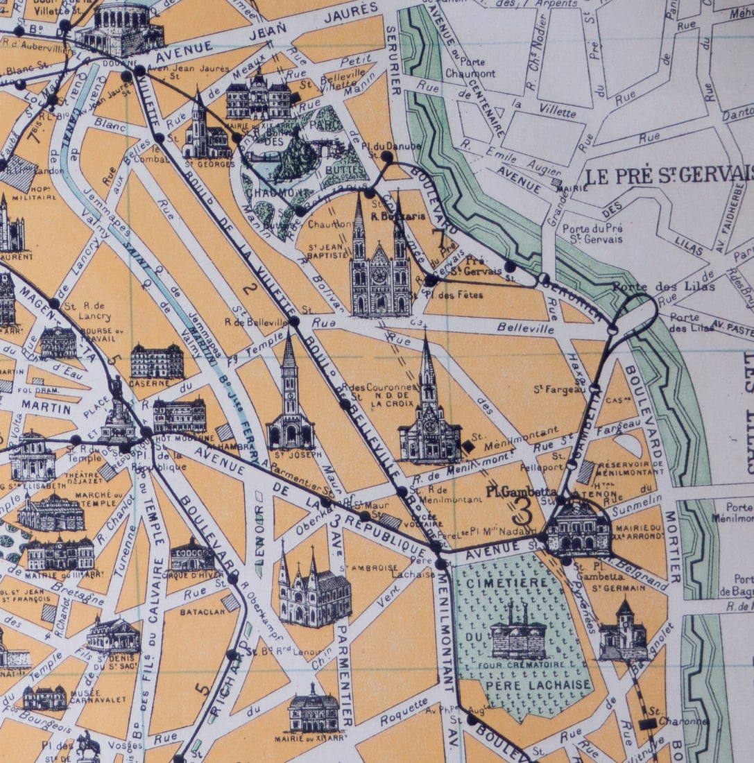 Paris monuments touristic map 1920 Taride linen backing - 4