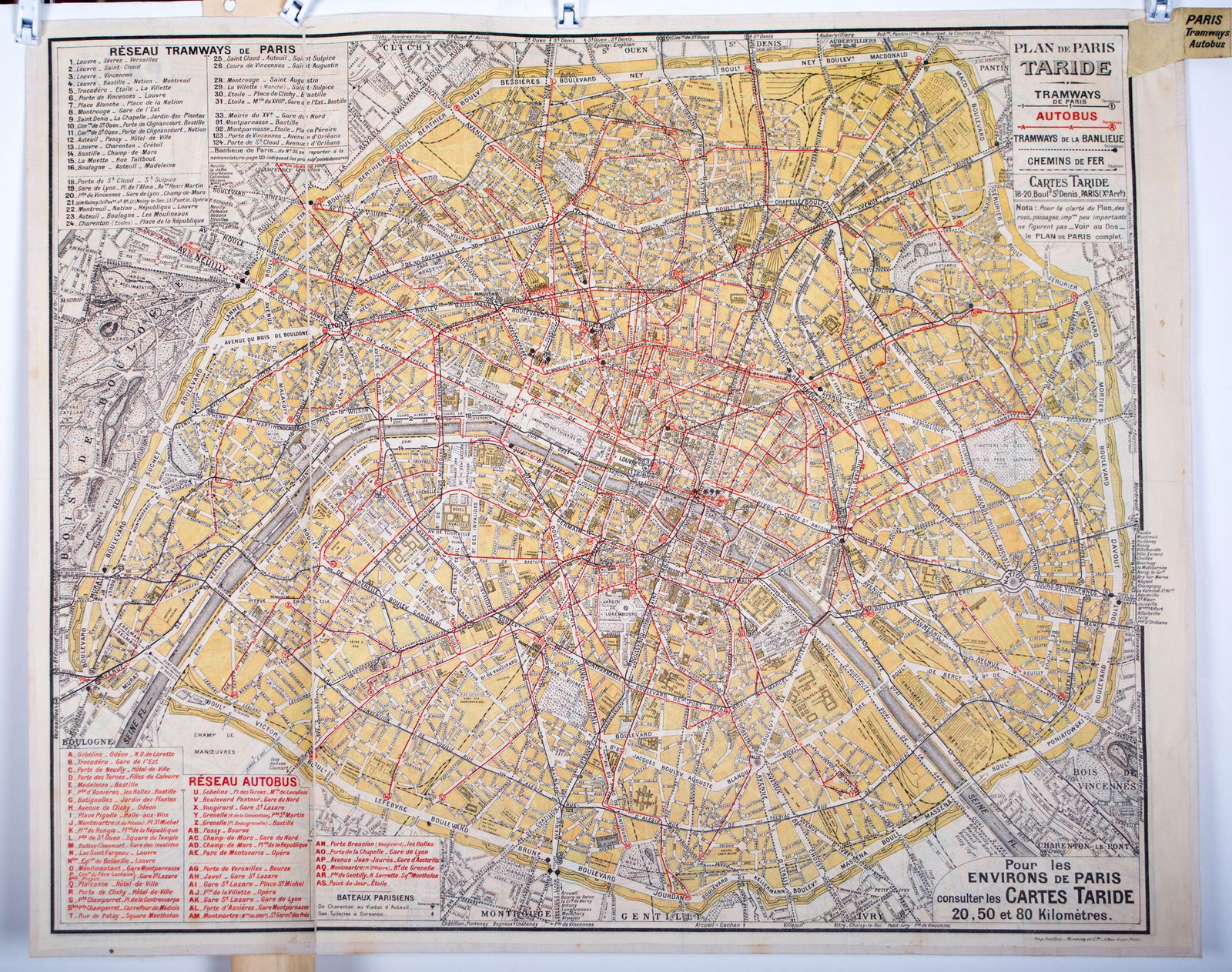 Large Paris Tramway/bus map lines 1920 Taride linen backing: Title: Large Paris Tramway/bus map lines 1920 Taride linen backing Description: Large Paris tramway/bus with lines edited by Taride circa 1920 , The Taride publishing house was created in 1852 by Alph