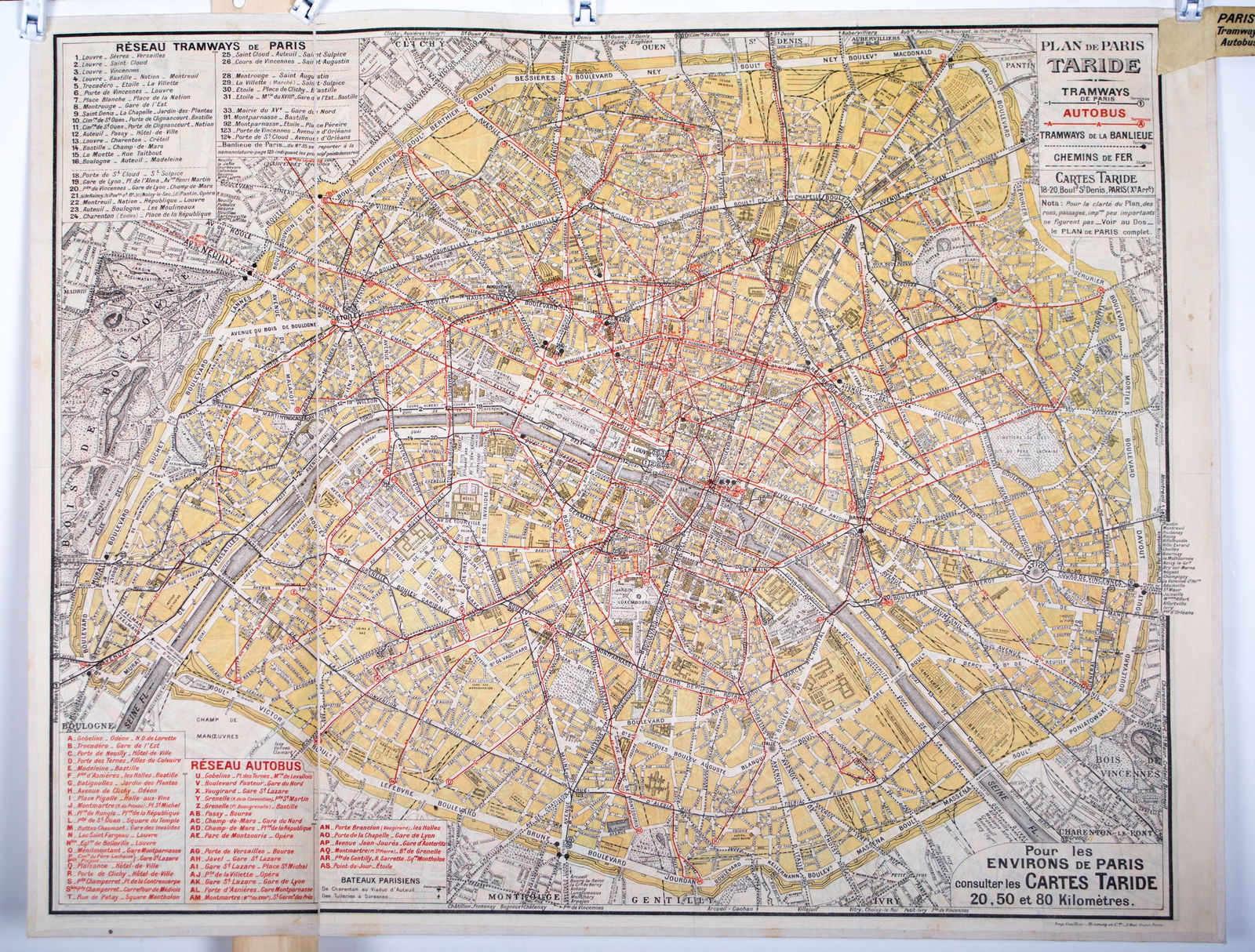 Large Paris Tramway/bus map lines 1920 Taride linen backing - 2