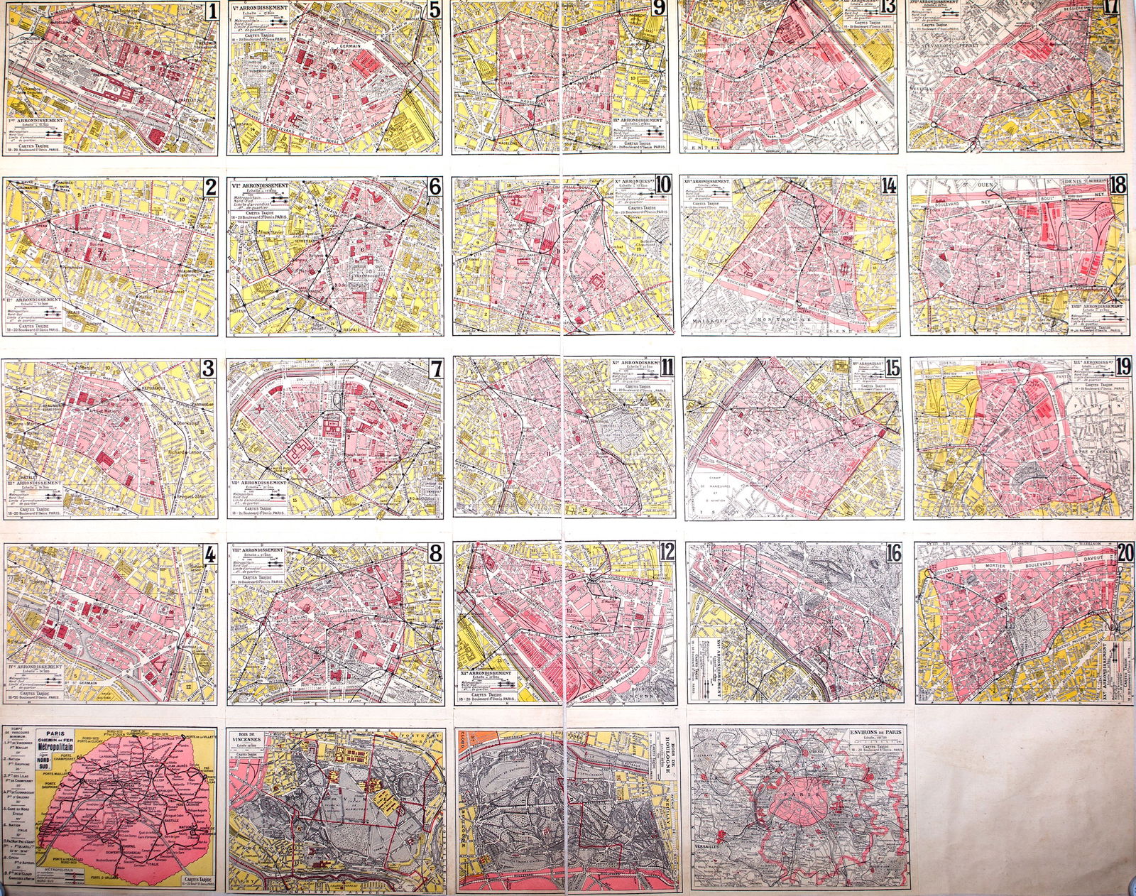 Large Paris arrondisements map with numbered lines 1920 Tarride linen backing - 3