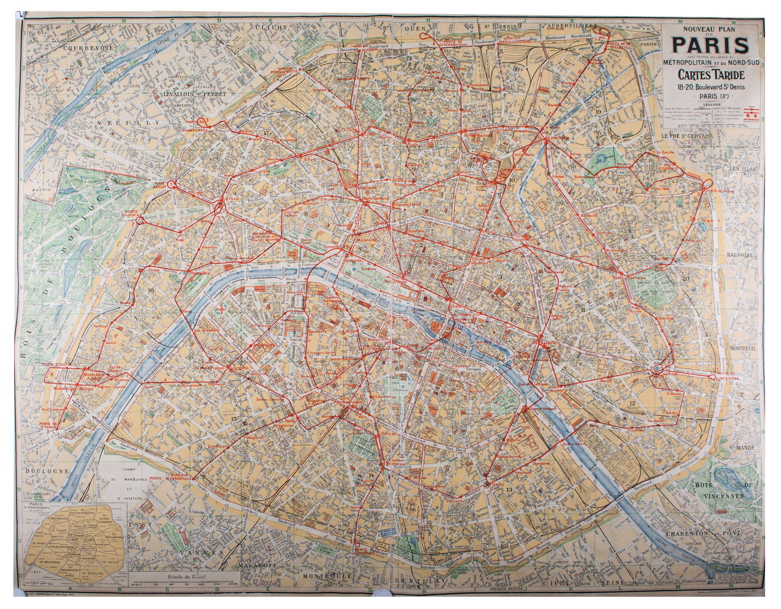Paris subway map with numbered lines 1920 Tarride linen backing - 2