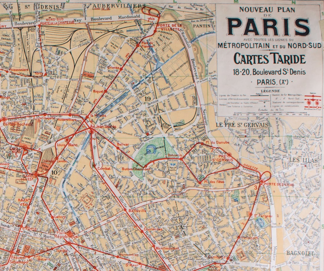Paris subway map with numbered lines 1920 Tarride linen backing - 5