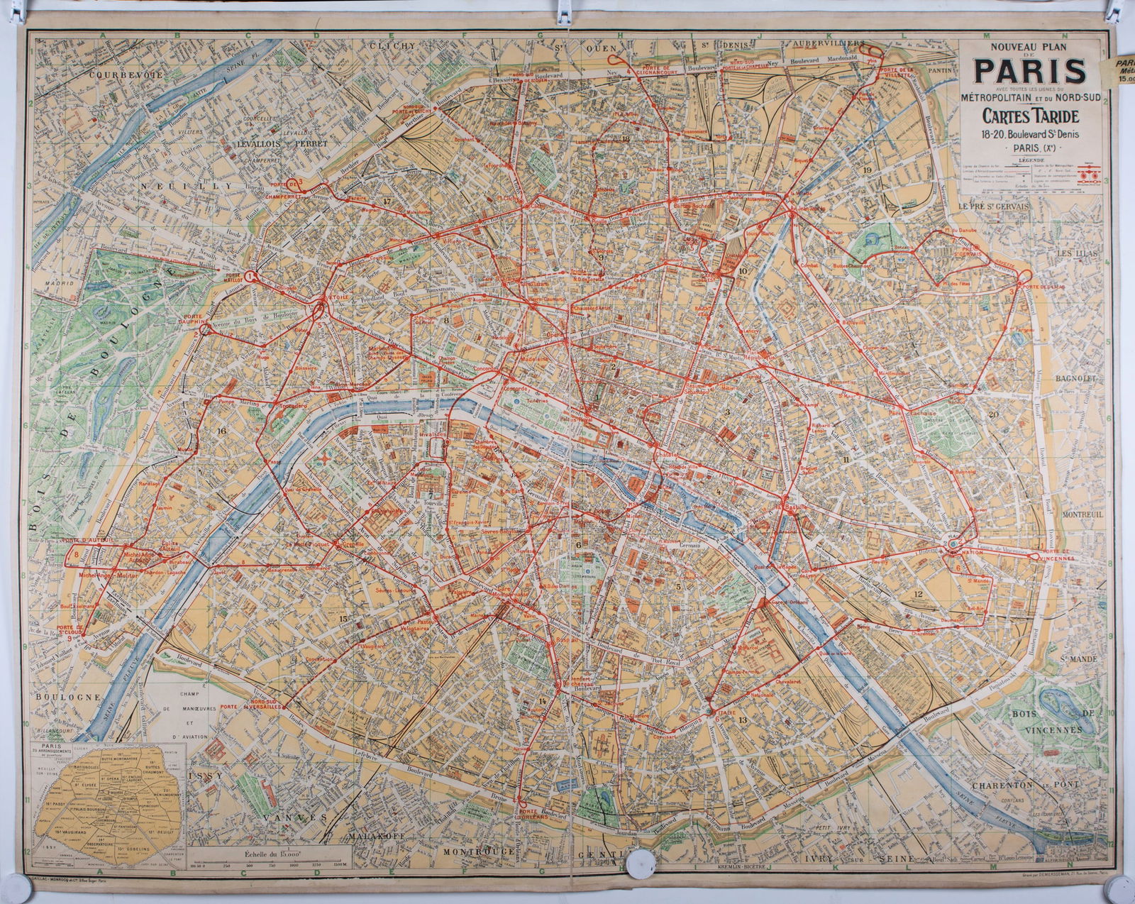 Paris subway map with numbered lines 1920 Tarride linen backing - 6