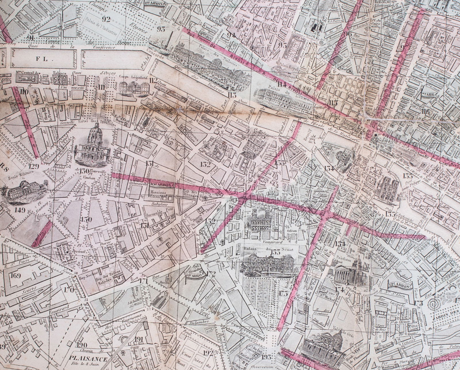 1858 LARGE FRENCH ANTIQUE MAP OF PARIS Dubreuil Vuillemin on linen backing - 3
