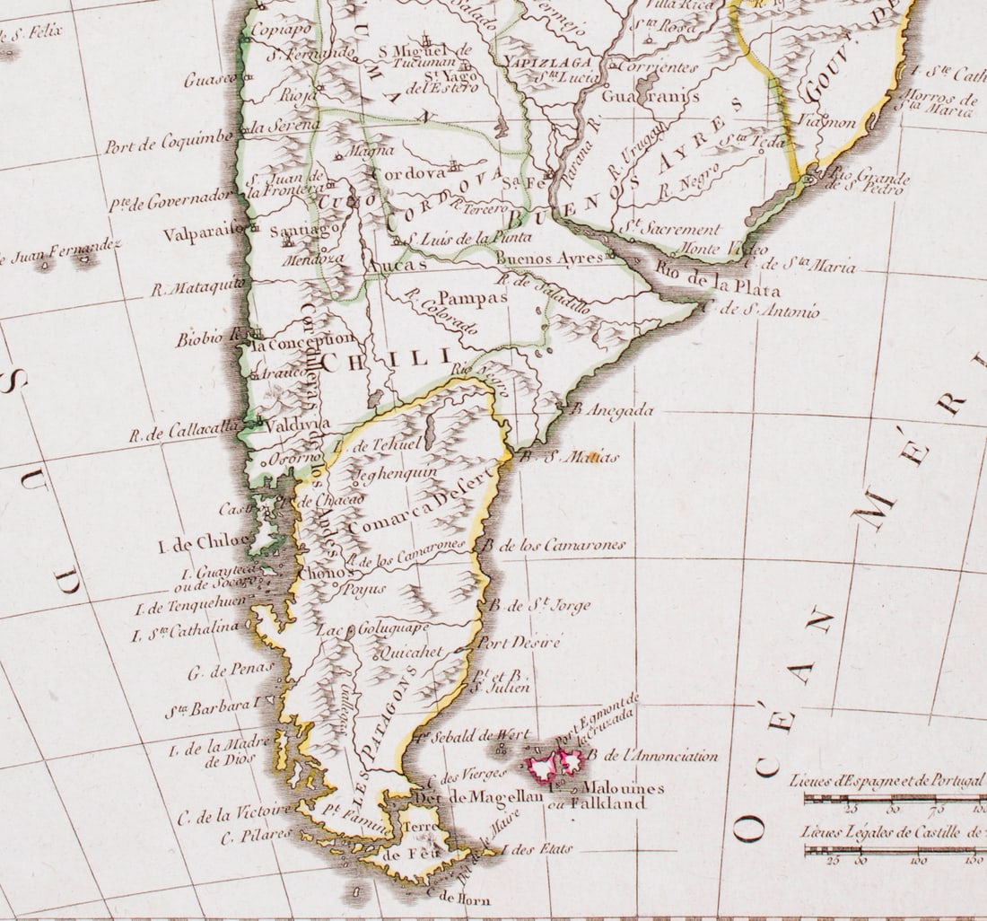 French map of South America published by Bonne 1781 - 3
